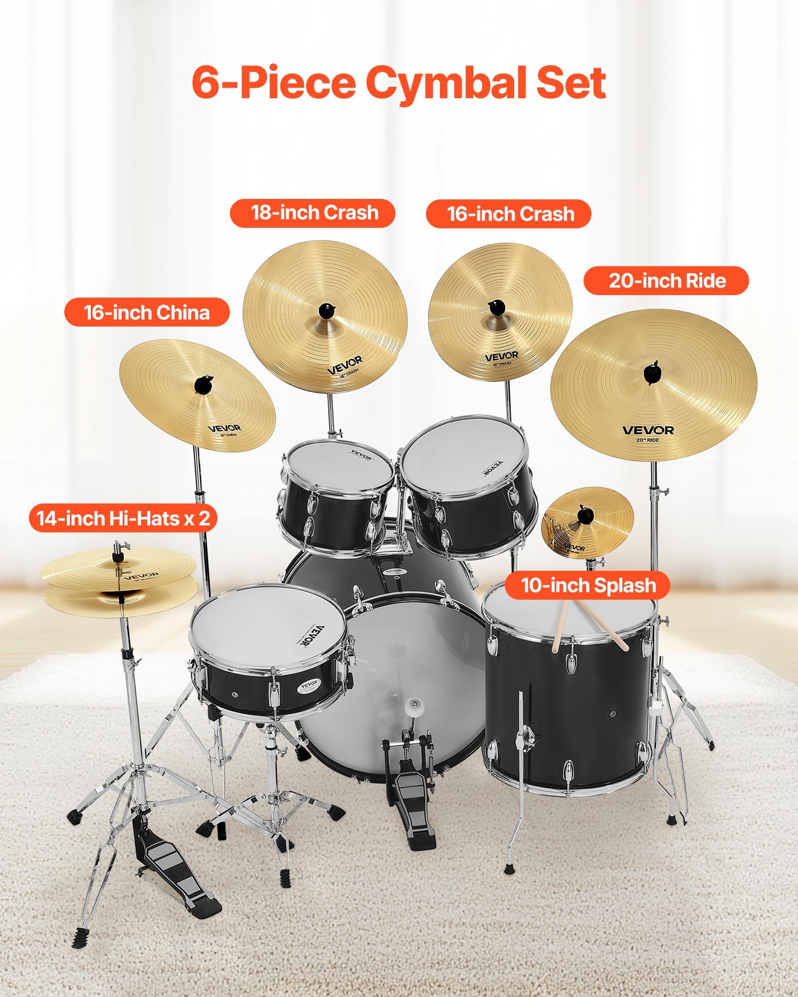Vevor Cymbal Pack, 7 Pieces Cymbals For Drum Set, Alloy Cymbals Drum Set Includes 14 Hi-Hats, 16 Crash, 18 Crash, 20 Ride, 10 Sp