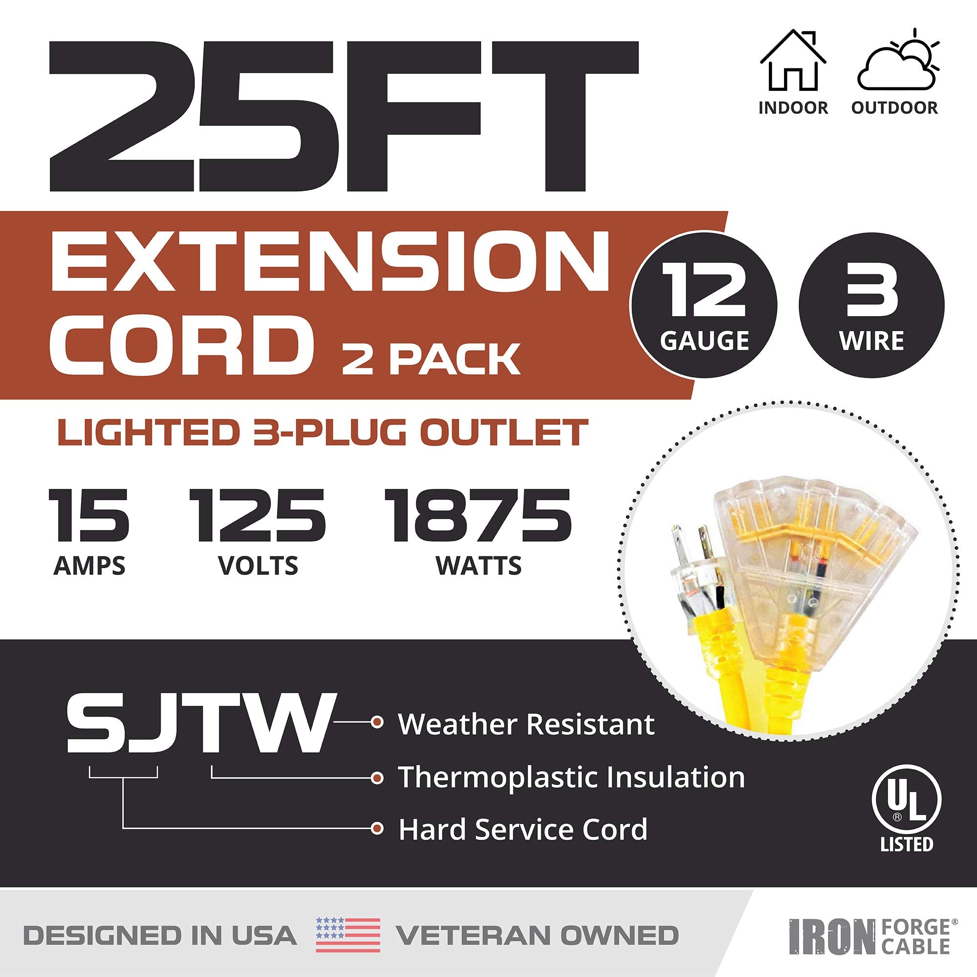 Iron Forge Cable 2 Pack Of 12 Gauge Extension Cord 25 Ft 3 Outlets, 12/3 Heavy Duty Outdoor 3 Prong Lighted End With Multiple Ou