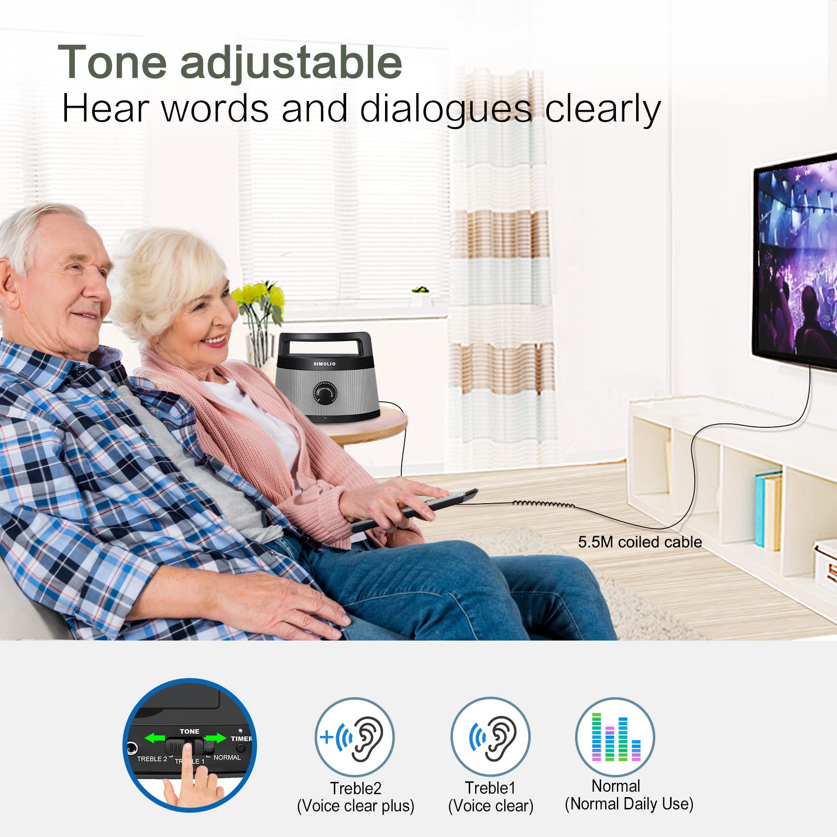 Simolio Wired Speakers For Tv With Tone Control, Tv Wired Speakers With 5.5M Long Cord For Digital & Analog Audio, Personal Tv S