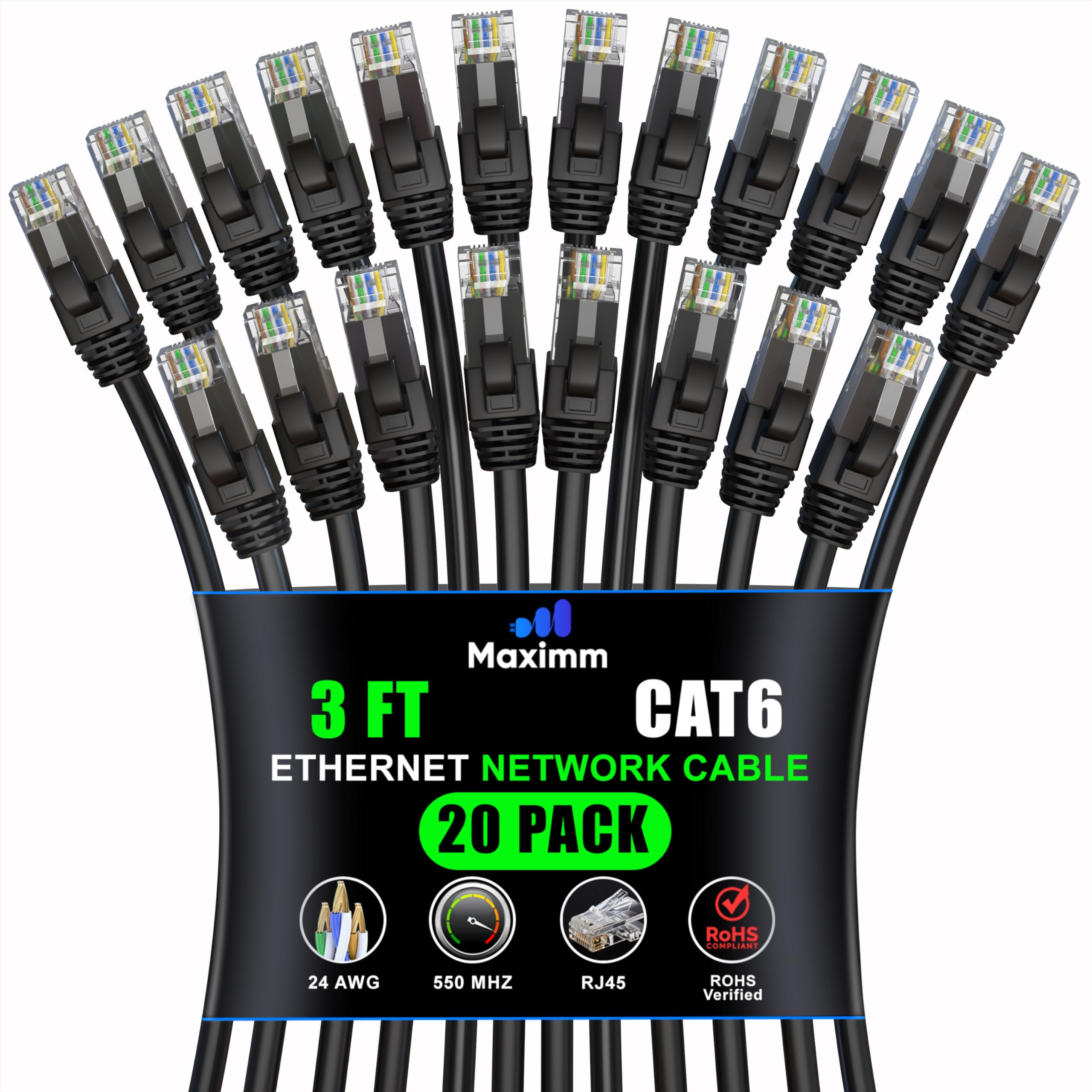 Maximm Cat 6 Ethernet Cable 3 Ft (20 Pack)   High Speed Lan Cable, Internet Cable, Patch Cable, And Network Cable   Utp, 10Gbps, 550Mhz Ethernet Cord   Black