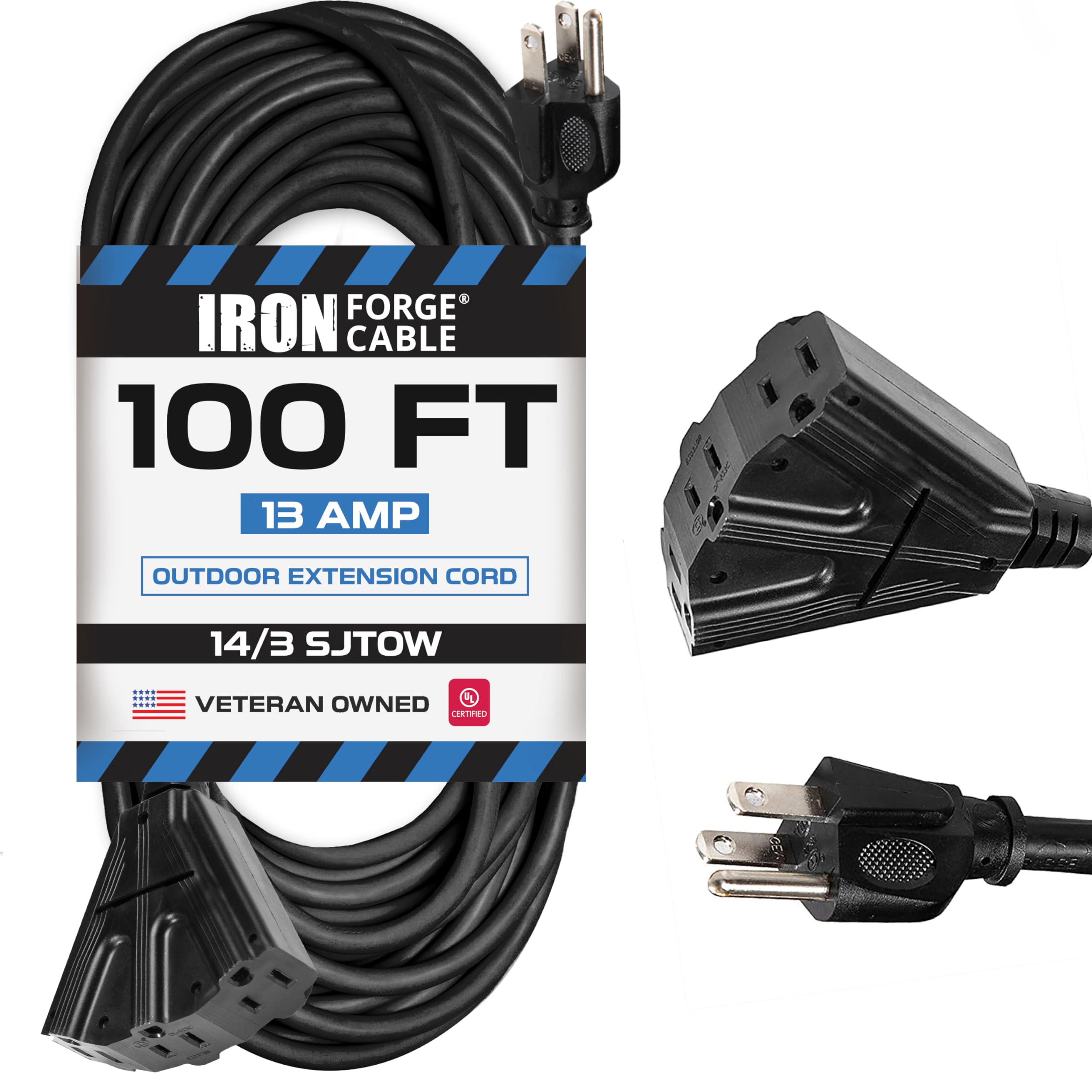 Iron Forge Cable Oil Resistant 3 Outlet Heavy Duty Extension Cord 100 Ft, Sjtow 14 Gauge Black Extension Cord With Multiple Outl