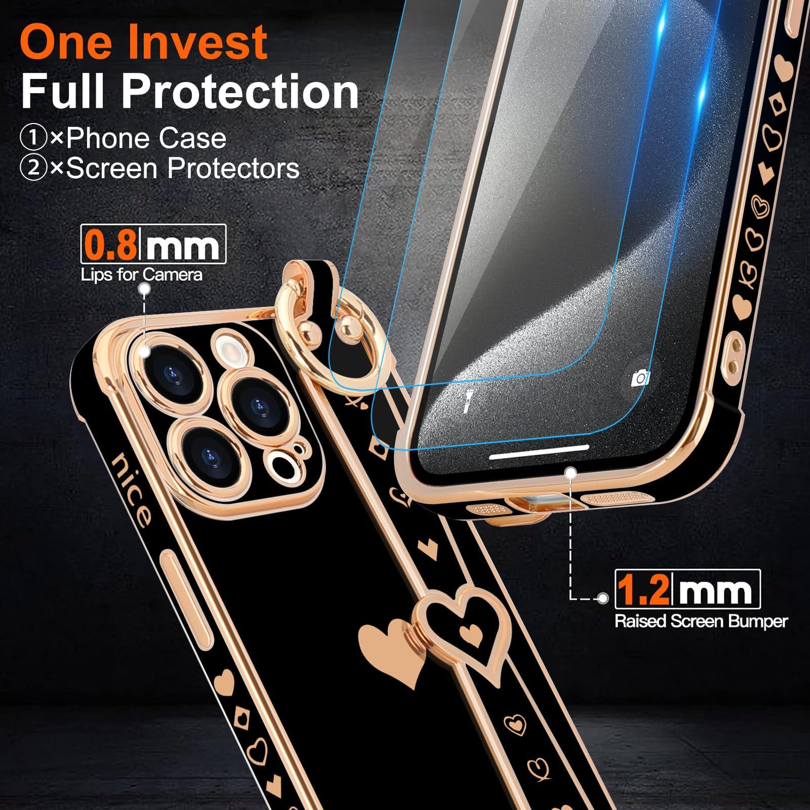 Llz.Coque For Iphone 15 Pro Max Case With Strap For Women Girls [2   Screen Protectors], Cute Love Hearts Design, Wristband Kick