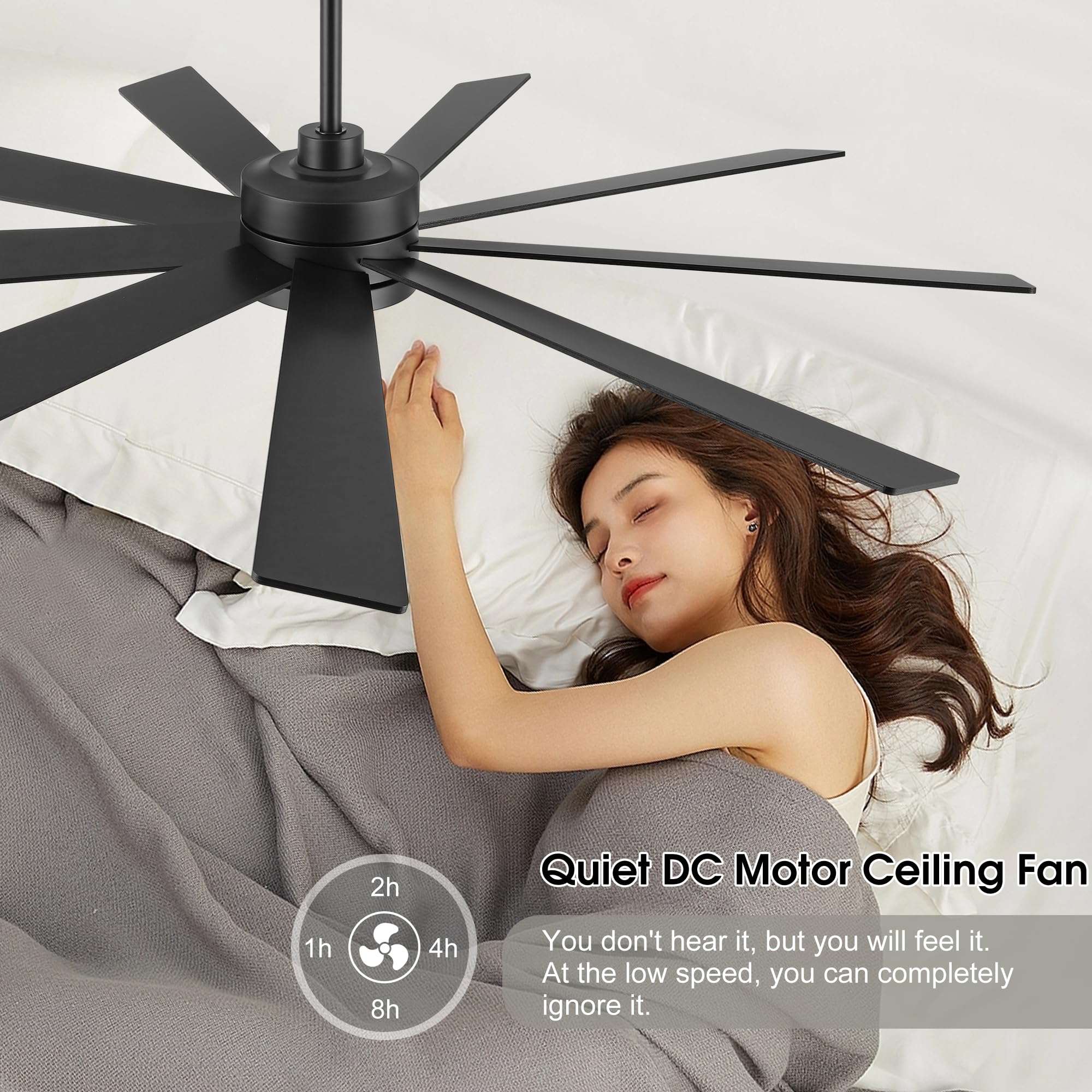 Elehinser 72'' Ceiling Fan No Light, 6 Speed Noiseless Reversible Dc Motor, 9 Blades Black Industrial Ceiling Fan With Remote An
