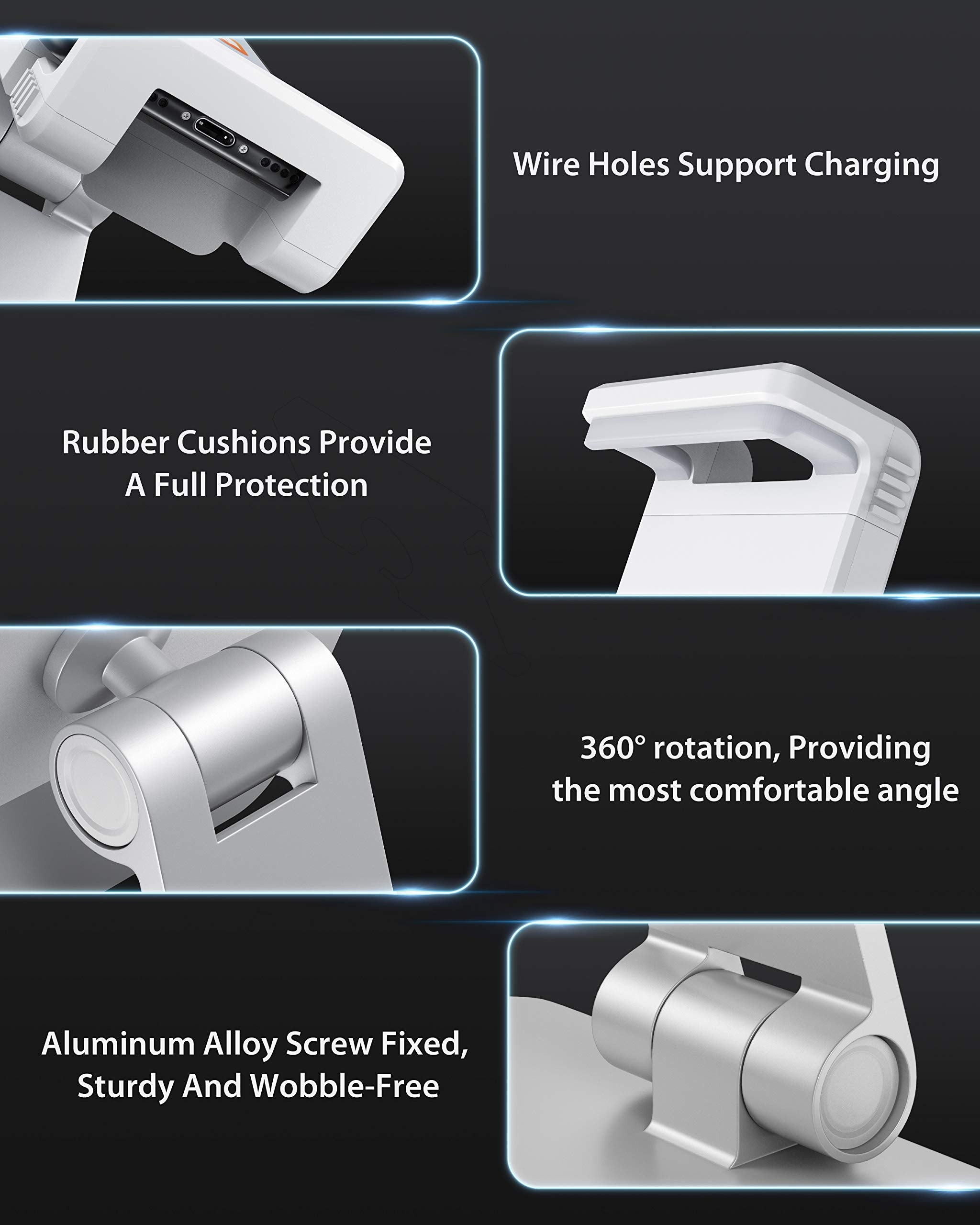 Maxonar Tablet Stand For Desk, 360� Adjustable Aluminum Alloy Swivel Ipad Charging Tablet, Ipad Pro Air Mini Tablet Holder For Bed Store Pos Showcase Kitchen Office Drawing Desktop (6 13''), Silver