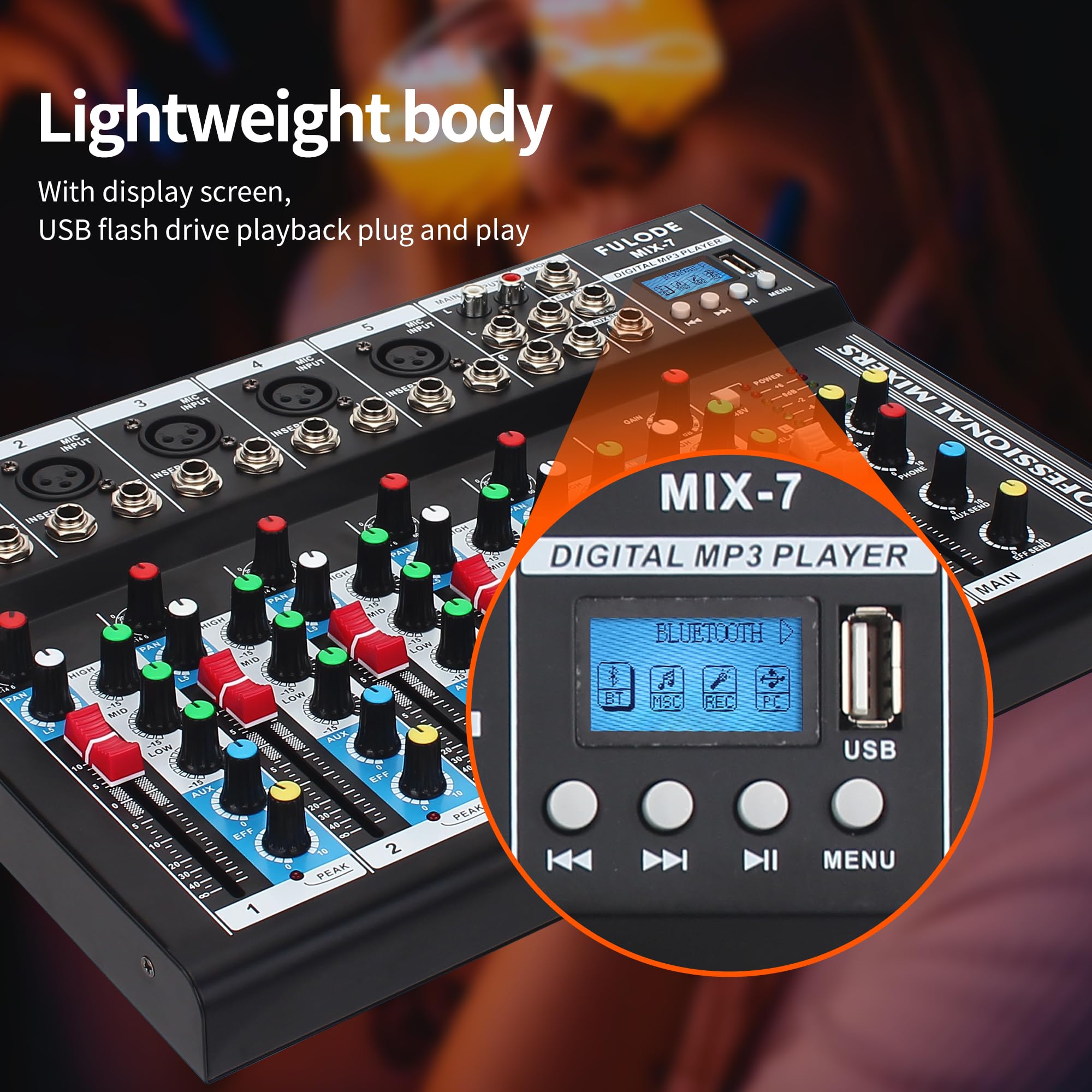 Fulode 7 Channel Audio Mixer, Bluetooth Portable Sound Board W/Usb Dj Mixer Mp3 Jack 48V Power For Computer Recording, Sound Mix