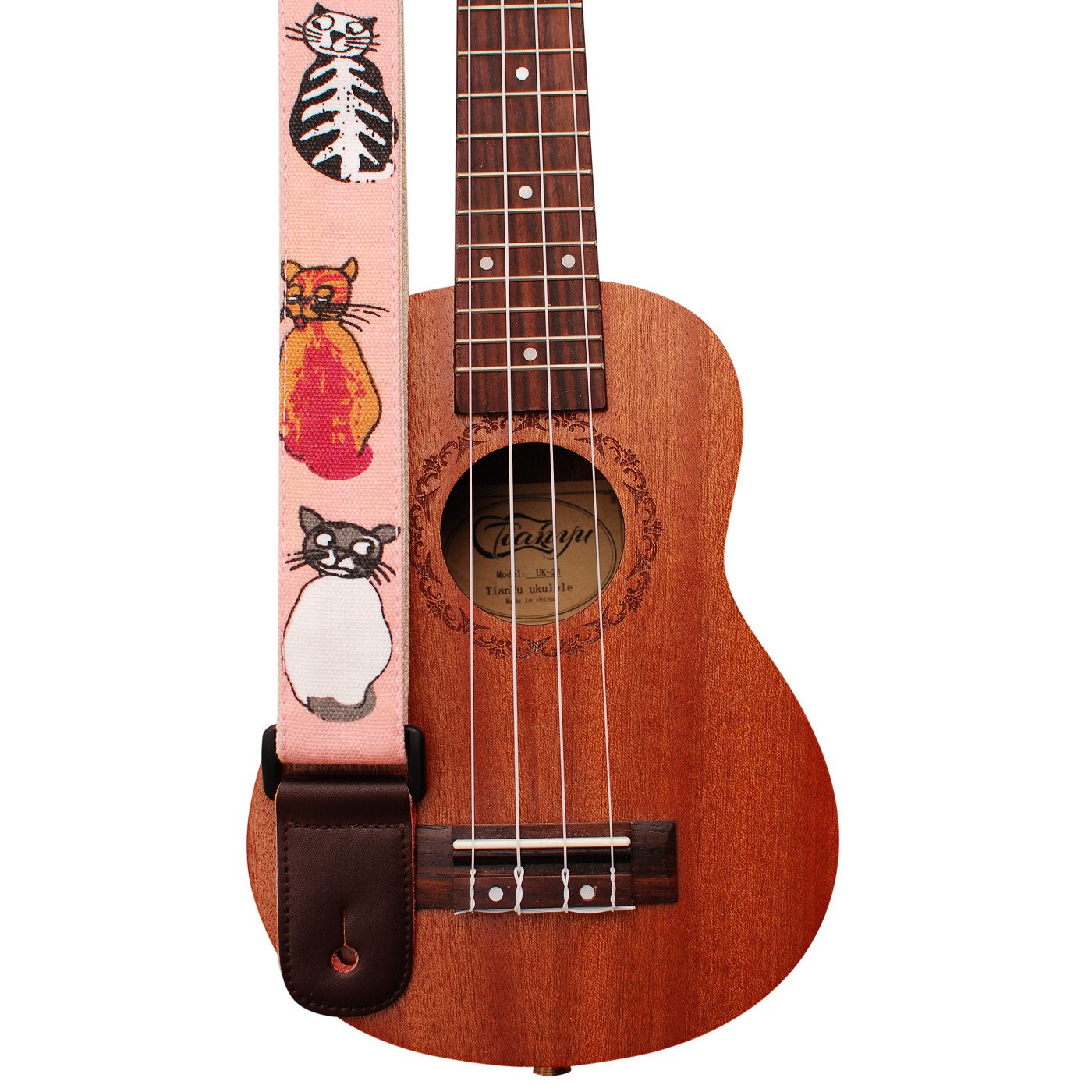 Music First Original Design ''Miss Cat'' Soft Canvas & Genuine Leather Ukulele Strap Ukulele Shoulder Strap