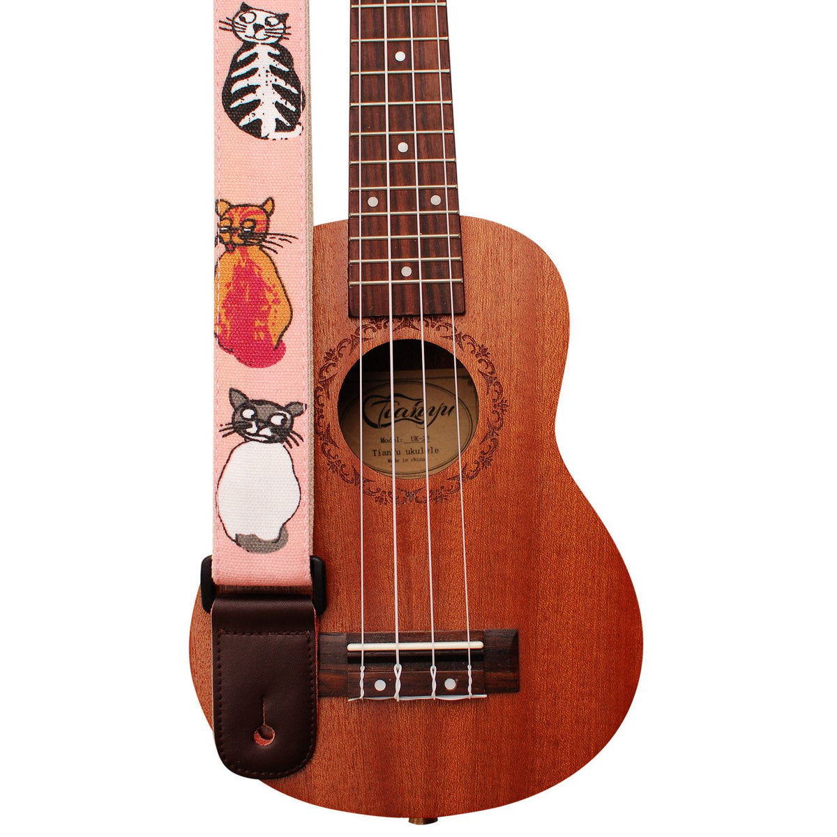 Music First Original Design ''Miss Cat'' Soft Canvas & Genuine Leather Ukulele Strap Ukulele Shoulder Strap