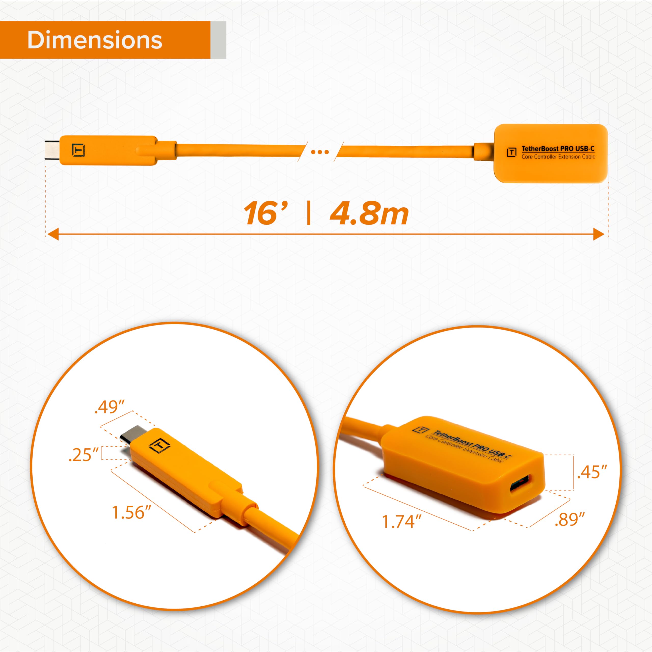 Tetherboost Pro Usb-C Core Controller Extension Cable, High-Visibility Orange, 10G Gen 2