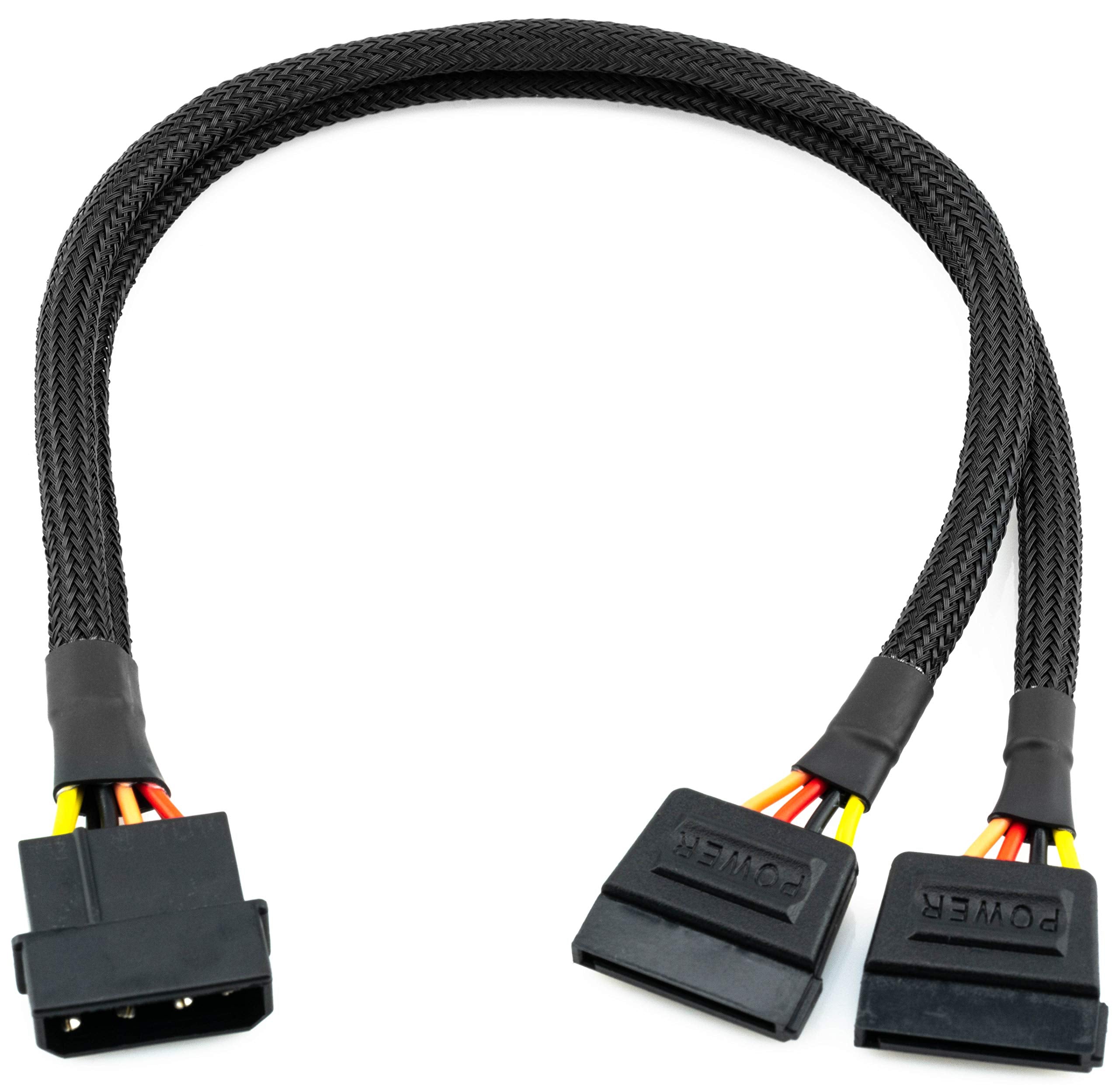 CRJ Electronics 4-Pin Molex to Dual 15-Pin SATA Power Adapter Cable Model 4025 12-inch Black Sleeved