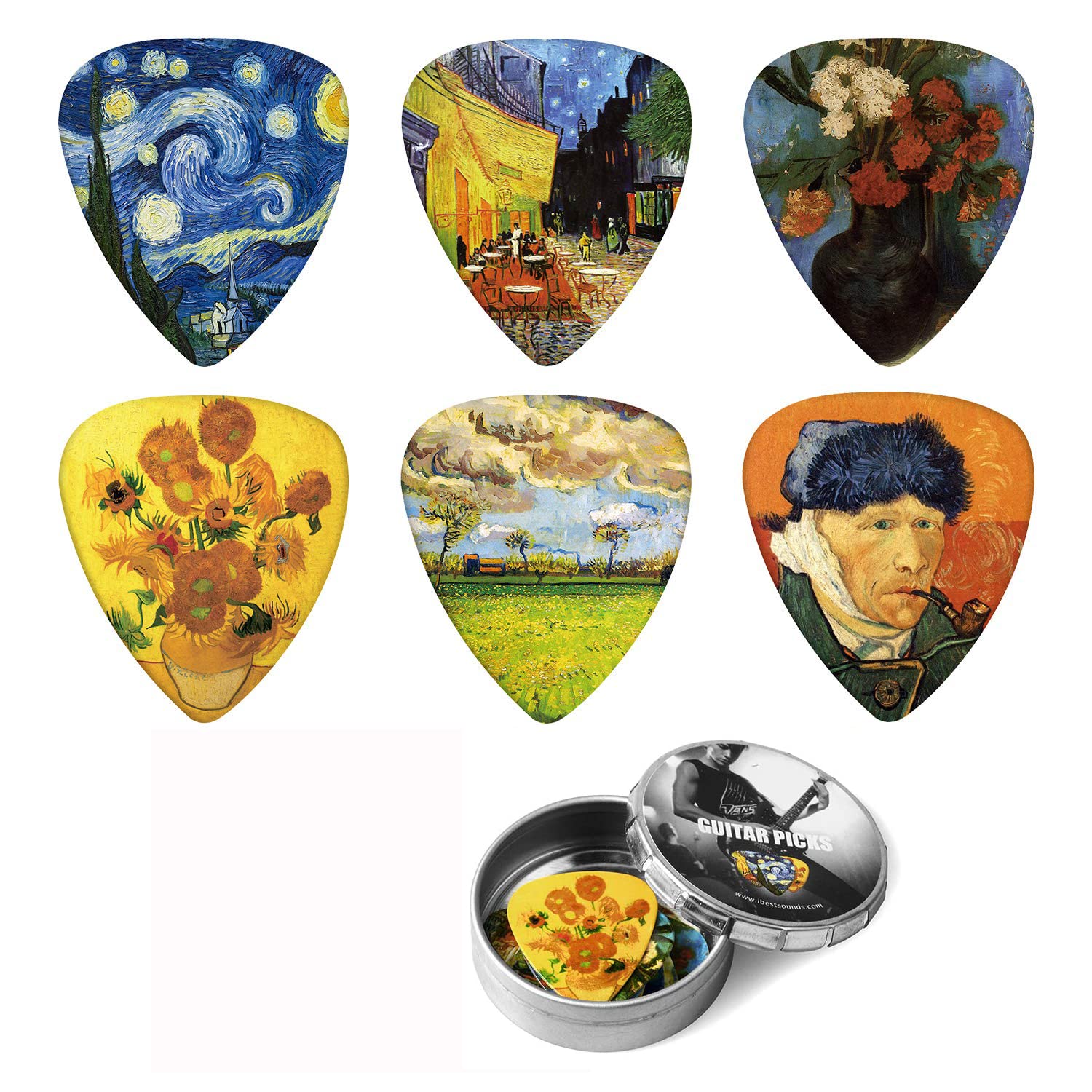 Dulphee Guitar Picks Vincent Van Gogh Picks Medium 12 Pack With Thin Box, Genuine Leather Picks Holder  Special Guitar Plectrum