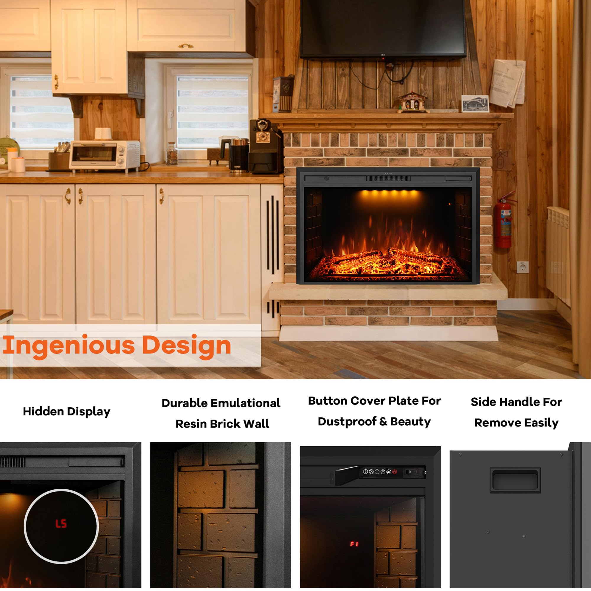 Dreamflame 33 Inch Electric Fireplace, Wall Fireplace Electric With Remote Control, Realistic Log And Crackling Sound, Overheati