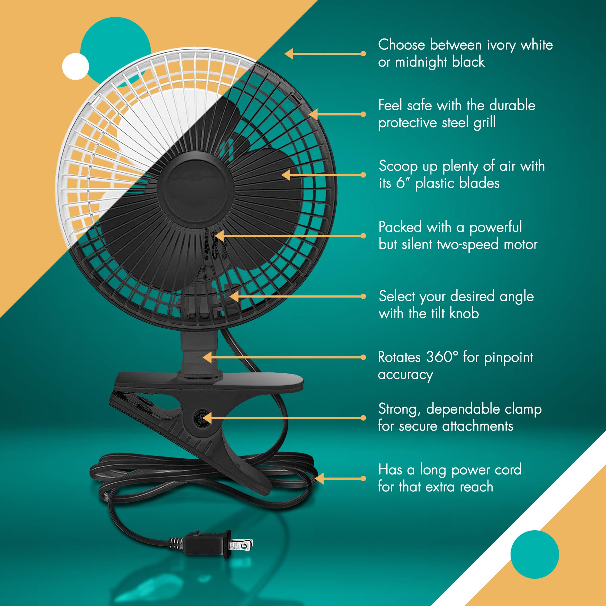 Joey'Z 6 Inch   2 Speed   Adjustable Tilt, Whisper Quiet Operation Clip On Fan With 5.5 Foot Cord And Steel Safety Grill (1, 6''