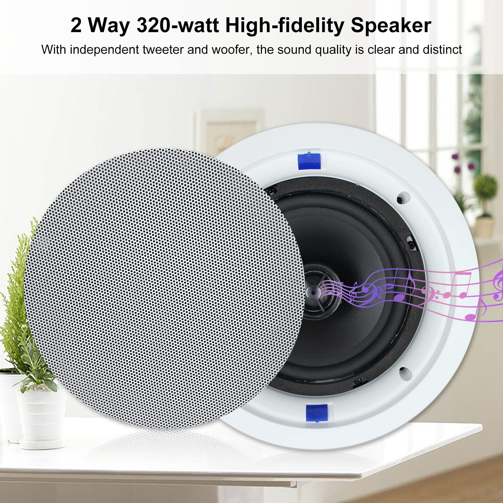 Herdio 6.5 Inch Bluetooth Ceiling Speakers 320W 2 Way Flush Mount In Wall Amplifier Receiver Suitable For Home Theater Bathroom