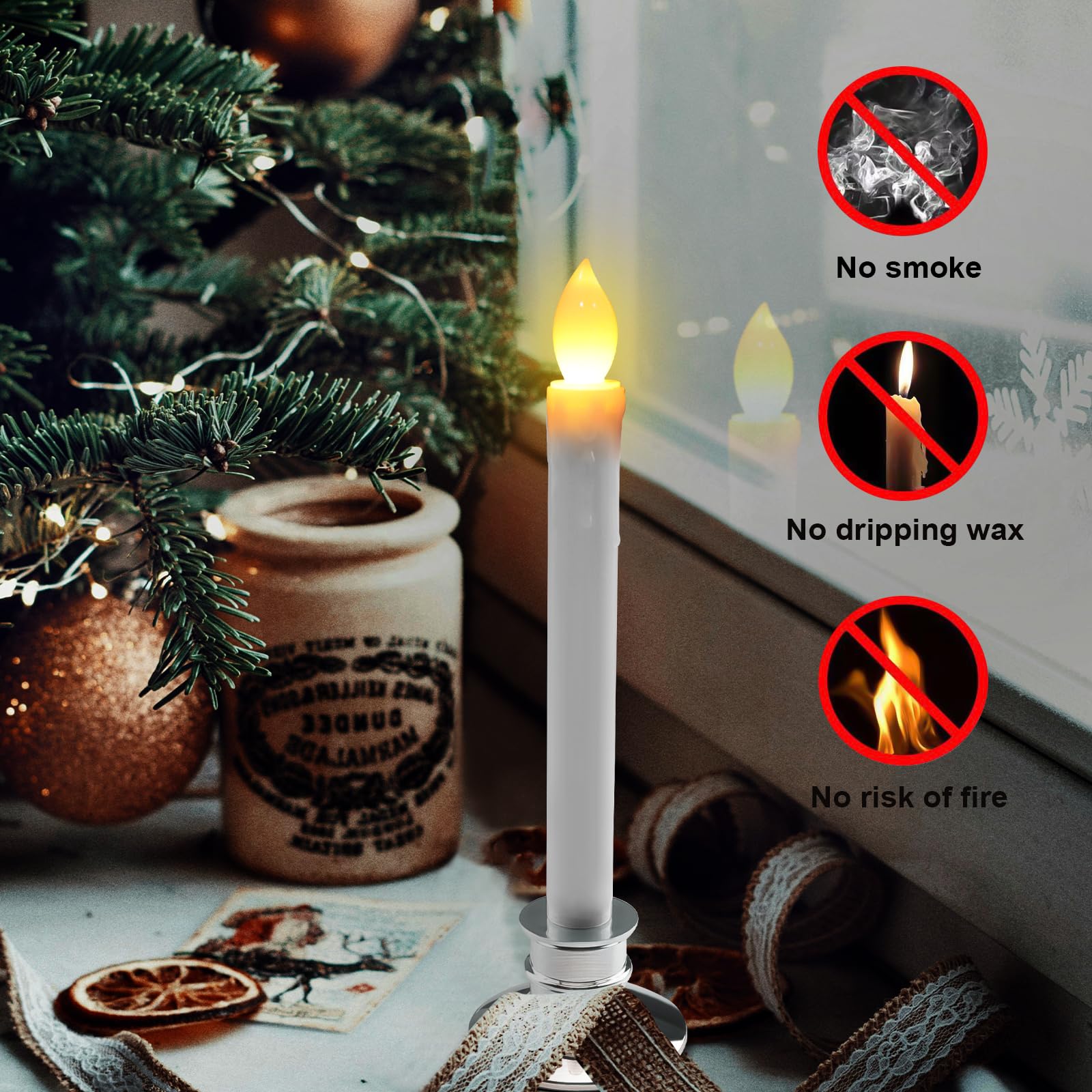 Led Flameless Window Candles With Remote Timer Sliver Base 10 Pcs Battery Operated Flickering Taper Candle Lights With Removable