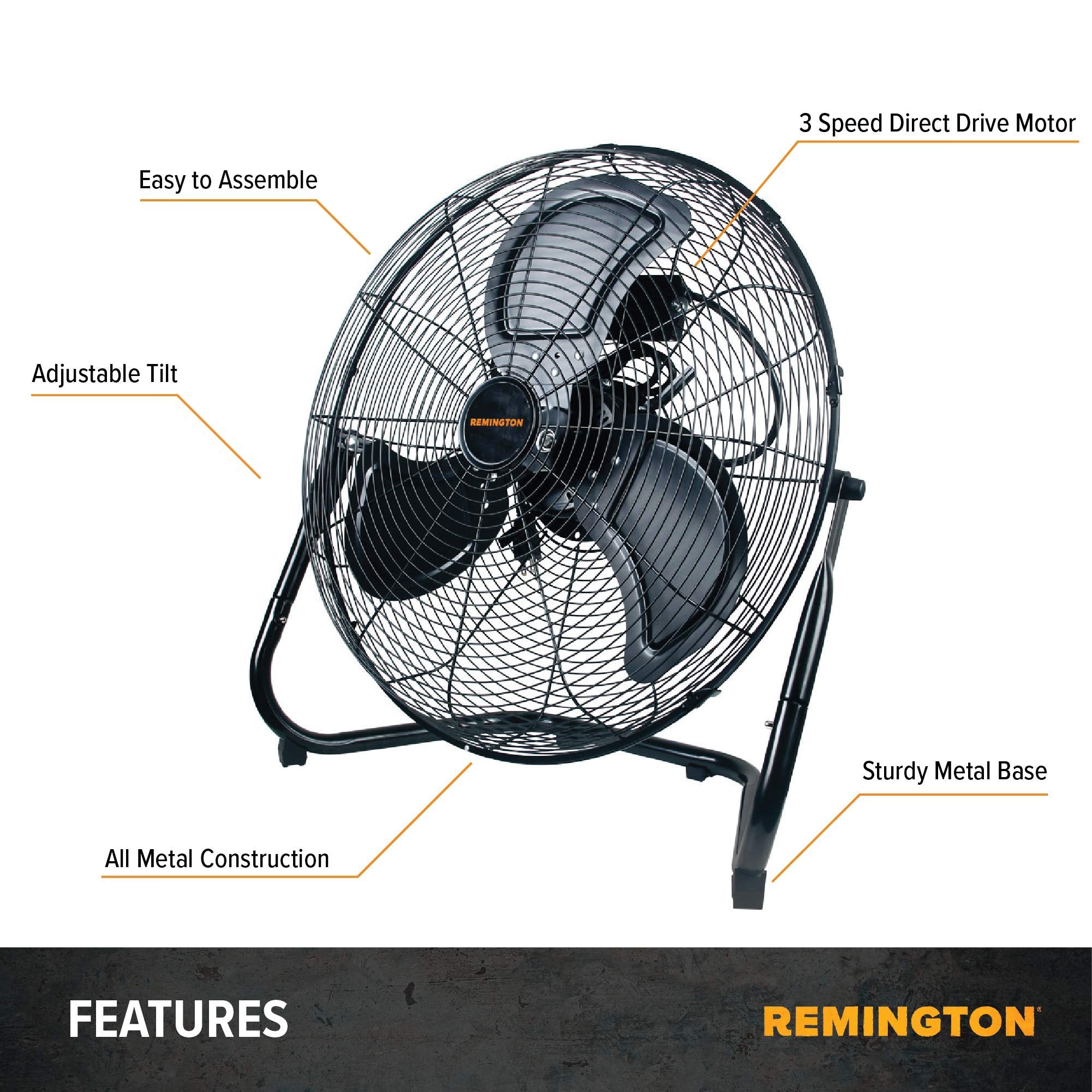Master Remington 20 High Velocity Floor Fan - 3 Speed Heavy Duty Metal Airflow for Large Shops, Garages, and Warehouses, Black
