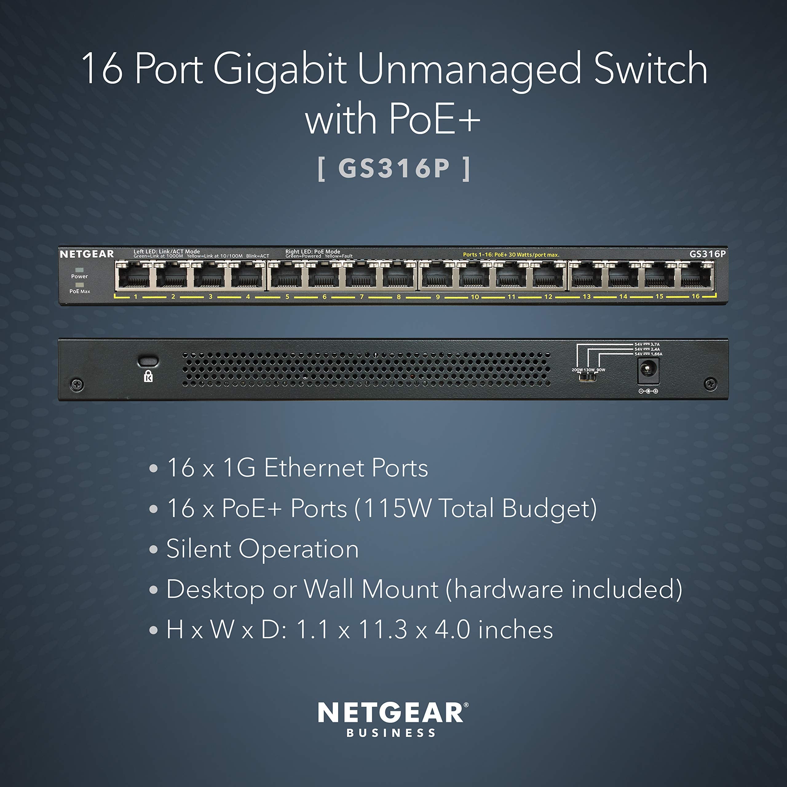 Netgear 16-Port Gigabit Ethernet Unmanaged Essentials Poe+ Switch (Gs316P) - With 16 X Poe+ @ 115W, Desktop Or Wall Mount