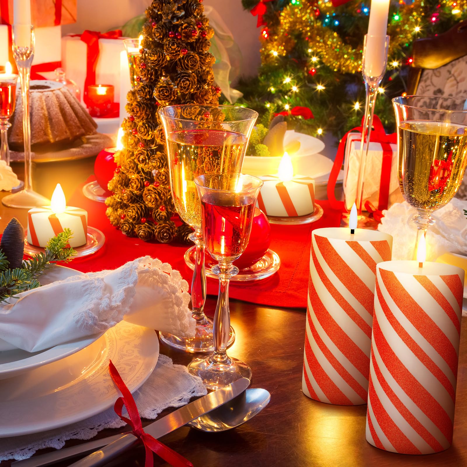 Baquler 9 Pcs Christmas Led Candy Cane Candles And Christmas Flameless Tea Lights Set 6 Inch Candy Cane Stripe Holiday Led Flame