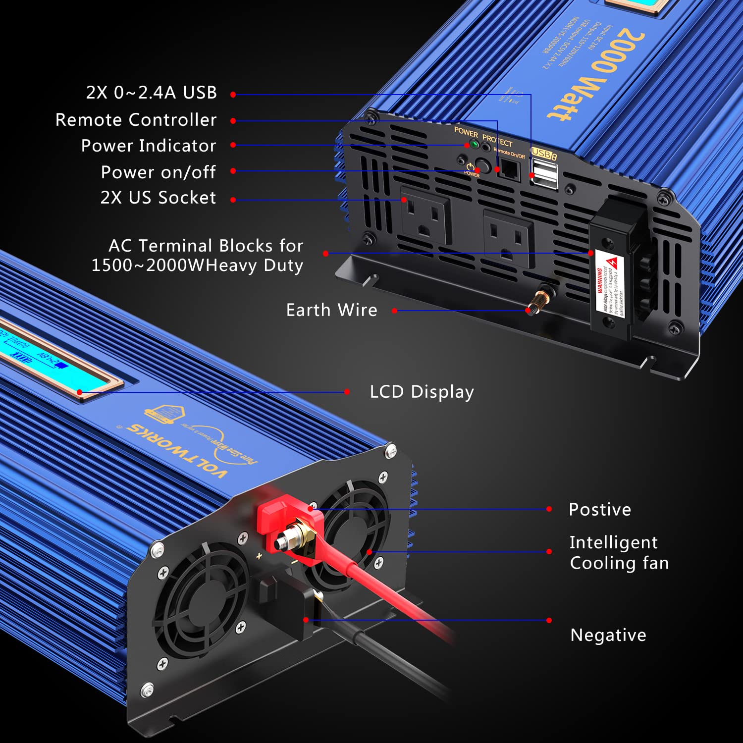 Voltworks 24 Volt 2000W Pure Sine Wave Power Inverter 24V Dc To 110V 120V Ac And Hardwire Block With Lcd Display Remote Controll
