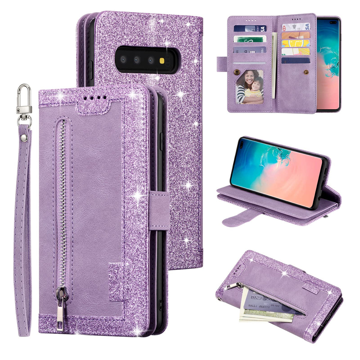Ueebai Wallet Case For Samsung Galaxy S10 Plus, Retro 9 Card Holder Slots Zipper Pocket Handbag Case Pu Leather Magnetic Closure