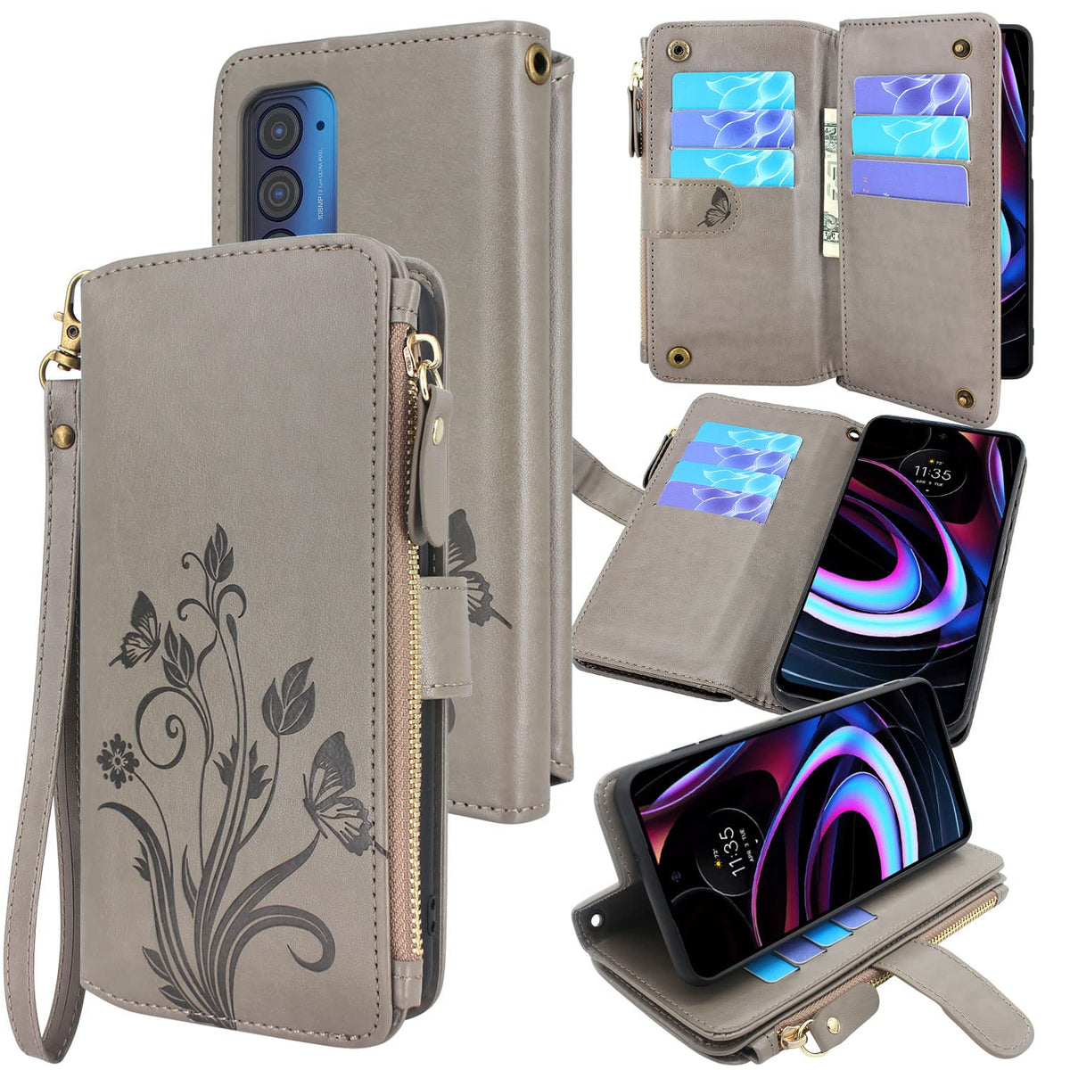 Lacass [Cards Theft Scan Protection] 10 Card Slots Holder Zipper Pocket Wallet Case Flip Leather Cover Wrist Strap Stand Carryin