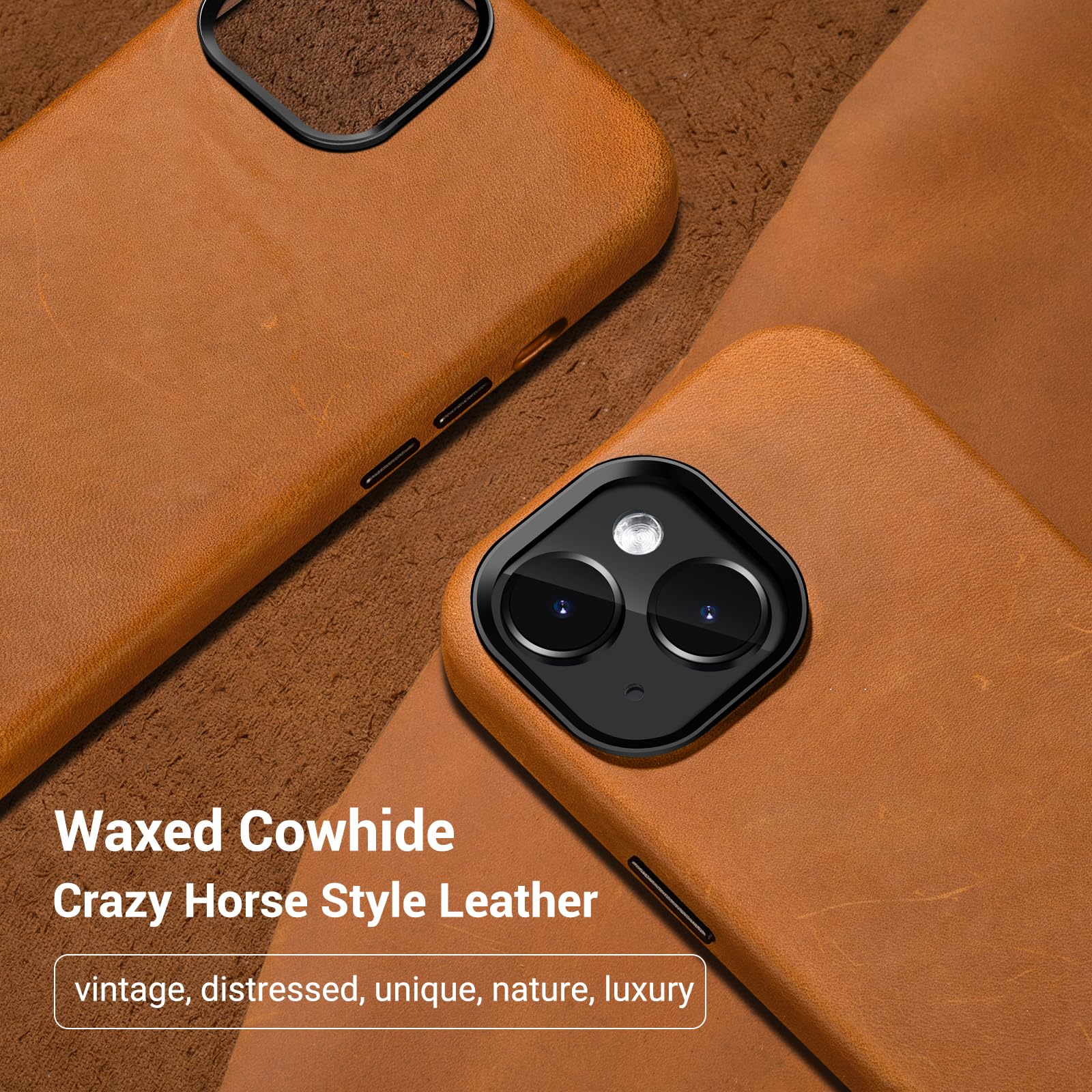 Belemay Compatible With Iphone 15 Leather Case With Magsafe - Top Grain Vintage Crazy Horse Leather - Metal Buttons & Lens Prote