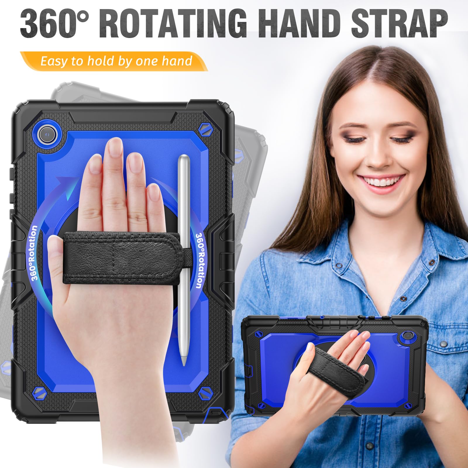 Hxcaseac For Samsung Galaxy Tab A8 Case 10.5 Full Body Protective With Rotating Hand Strap/Screen Protector/Built In Stand, Stur