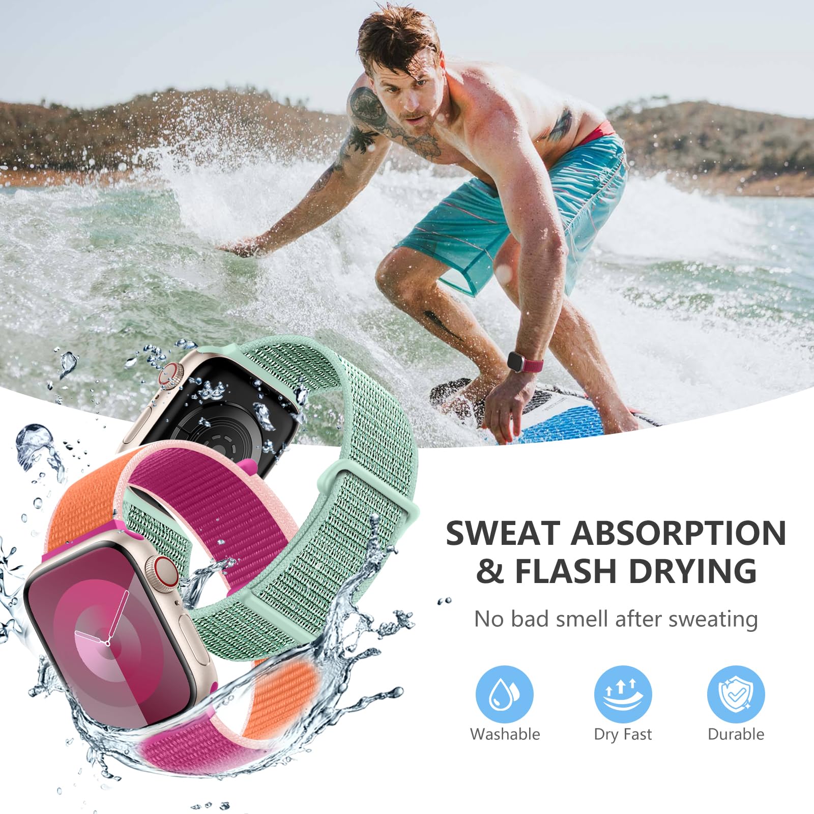 Getino Compatible With Apple Watch Sport Band 40Mm 41Mm 42Mm 38Mm Iwatch Bands Series 10/9/8/7/6/5/4/3/2/1/Se, Adjustable Stretc