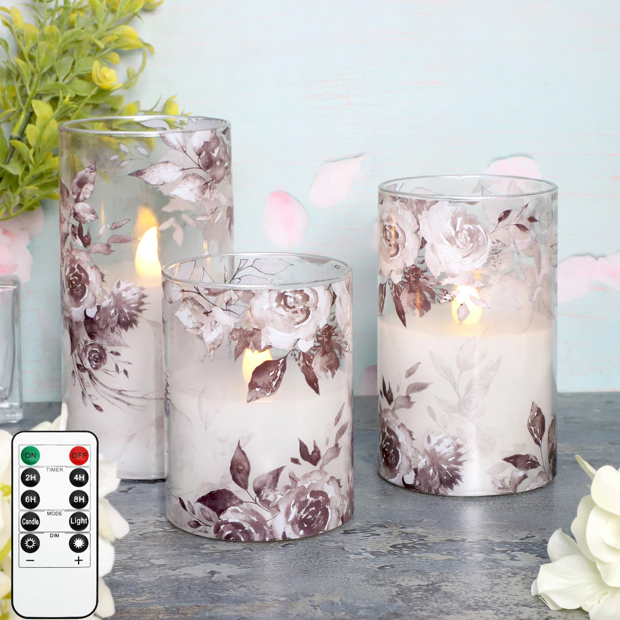Rose Led Flameless Glass Candles Set With Remote Control & Timer Function - Floral Design Battery Operated Candles - Home Farmho