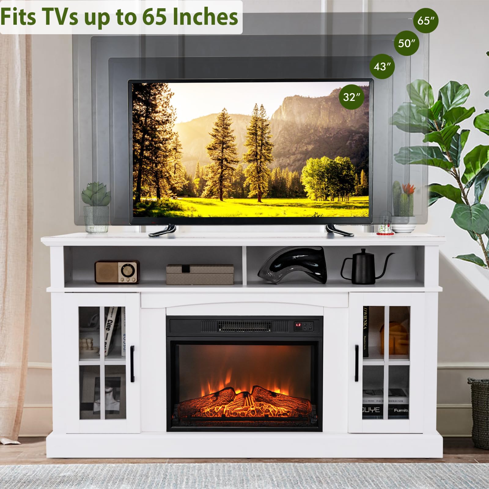 Simoe 58 In Tv Stand With 23 Inch Fireplace, Electric Fireplace Tv Console For Tvs Up To 65, Entertainment Center/W 2 Cabinets &
