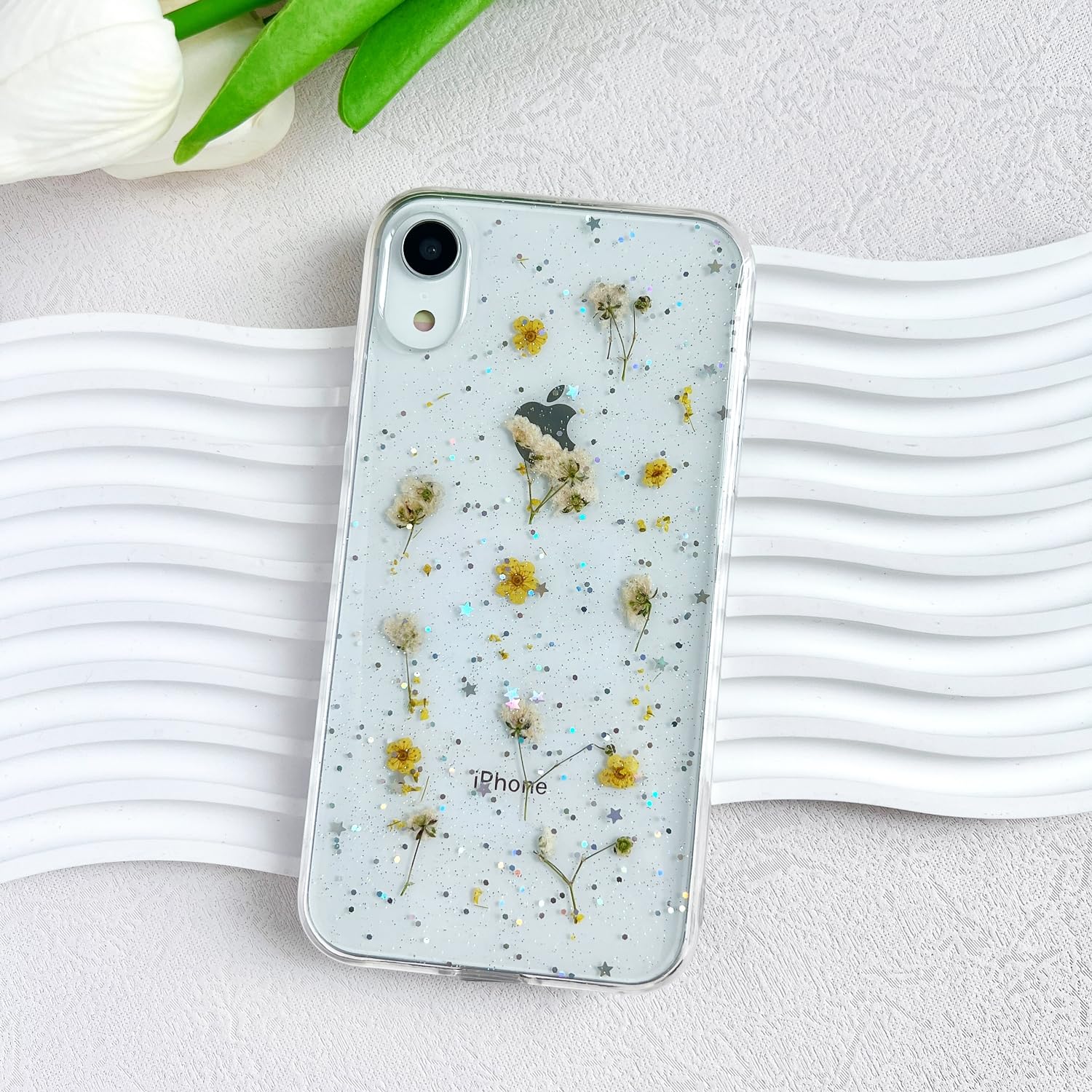 Lseeka For Iphone Xr Clear Case With Pressed Real Flowers Design,Glitter Cute Yellow Floral Pattern Slim Soft Tpu Protective Wom