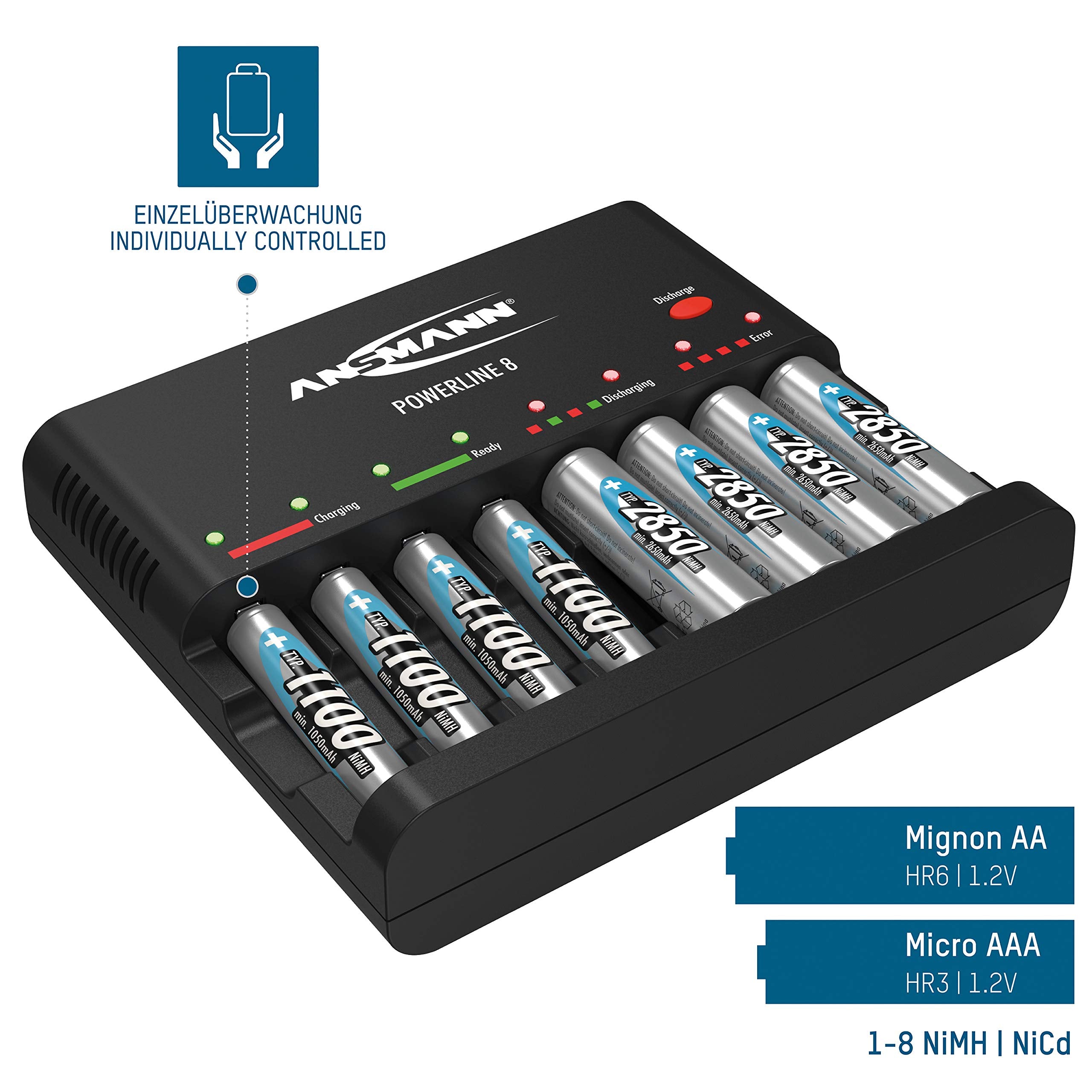 1001-0006 Ansmann Powerline 8 Intelligent Battery Charger For 1-8 Pc Of Aa/Aaa Nimh Batteries With Discharge Function