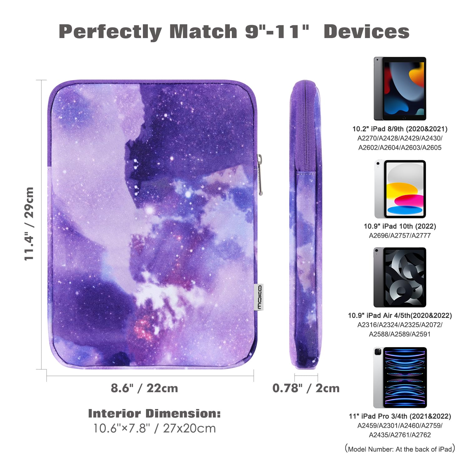 MoKo 9 11 Inch Tablet Sleeve Bag Carrying Case Fits iPad air 5 10.9' 2022, iPad Pro 11 M2 2022 2018, iPad 10th 10.9,iPad 9/8/7th Gen 10.2,iPad Air 4 10.9/Air 3 10.5,Tab S8/S9 11', Purple Starry Sky