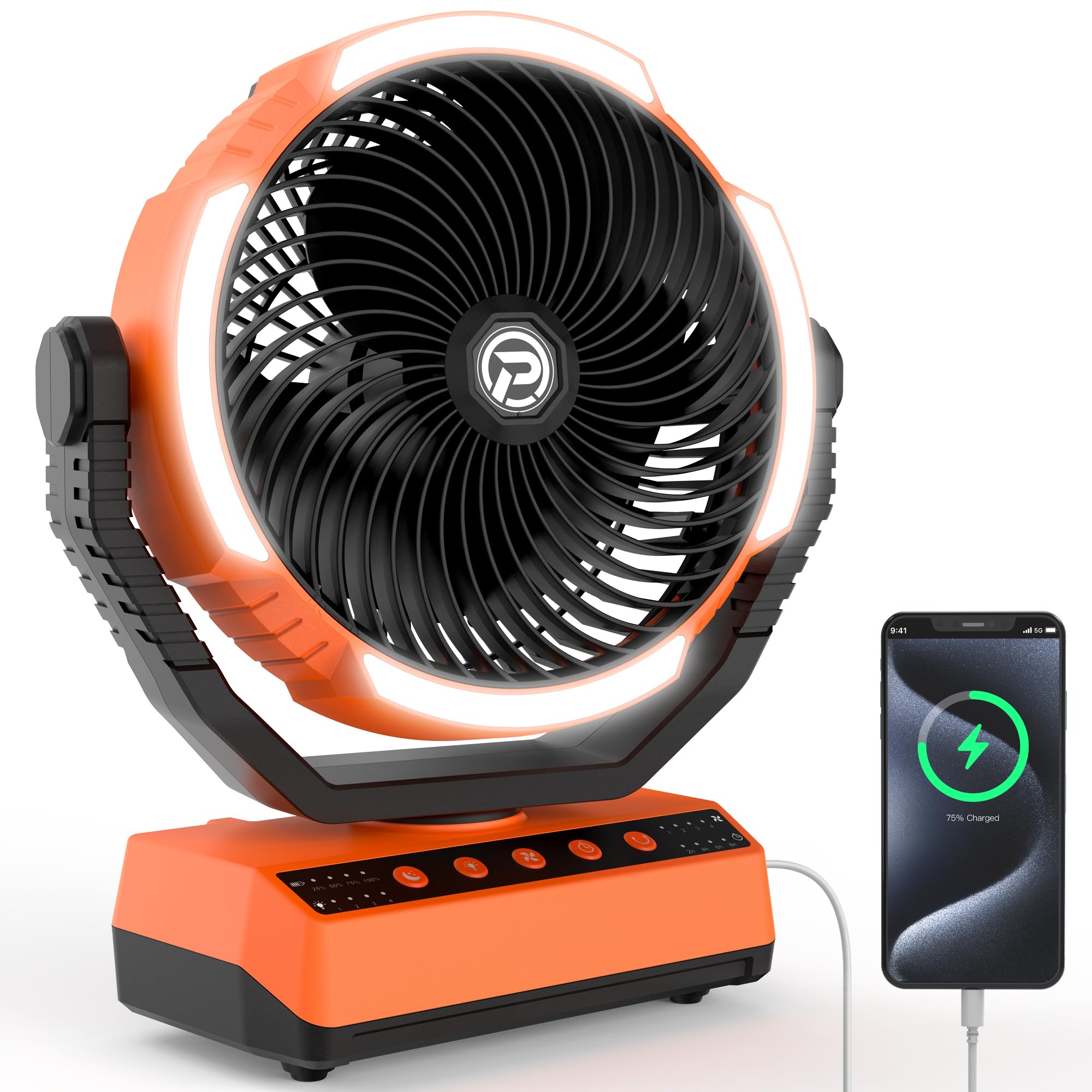 Panergy 20000Mah Rechargeable Camping Fan With Light, 70Hrs Running, Auto Oscillating, 4 Speed,For Tent, Travel, Power Outage, J