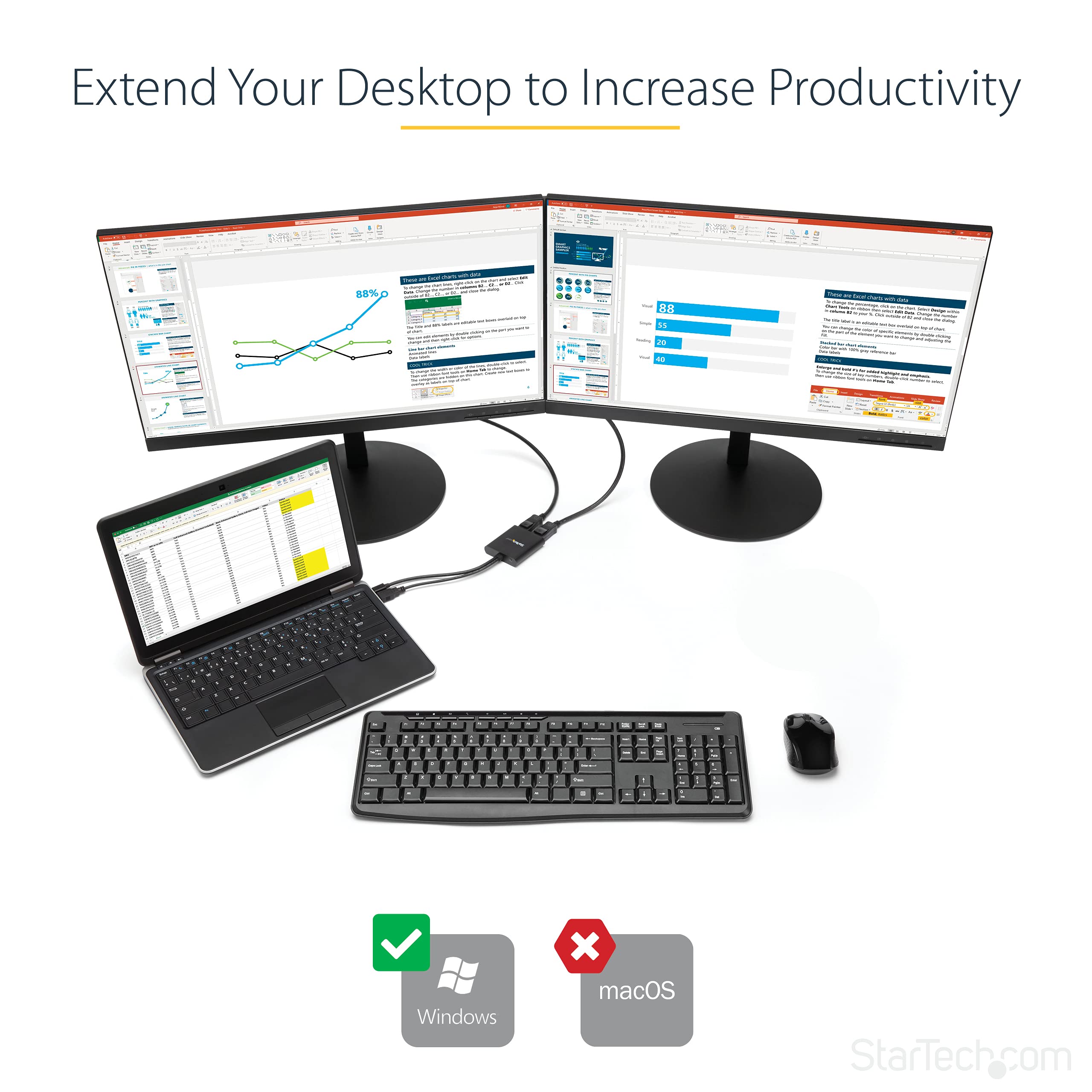 Startech.Com 2 Port Multi Monitor Adapter   Mini Displayport To 2X Displayport Mst Hub   Dual 4K 30Hz   Video Splitter For Exten