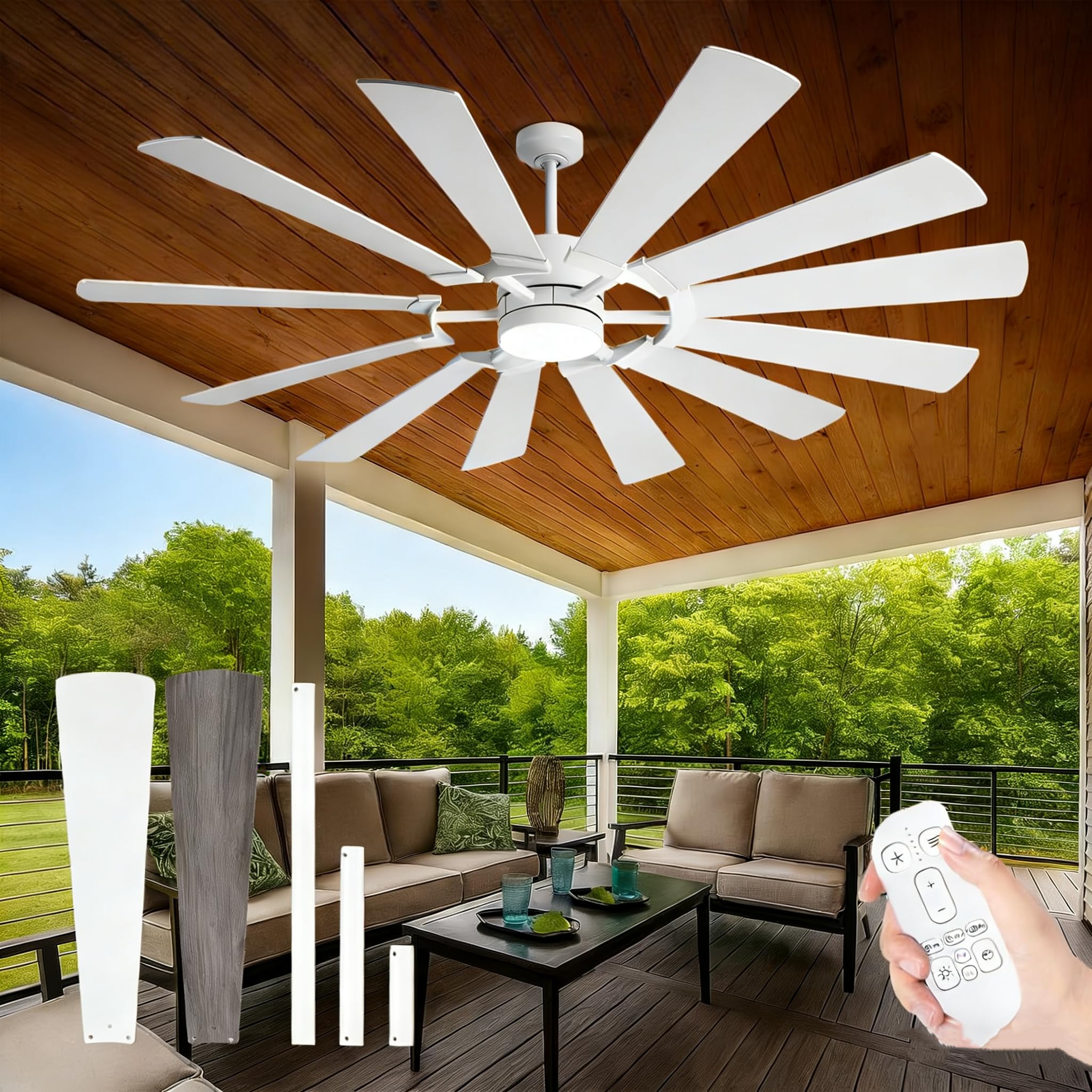 72 White Outdoor Ceiling Fan with Light,12 Dual-Finish Wind Mill Blades, 3 Downrods, Reversible Motor, High Airflow, Indoor Ou