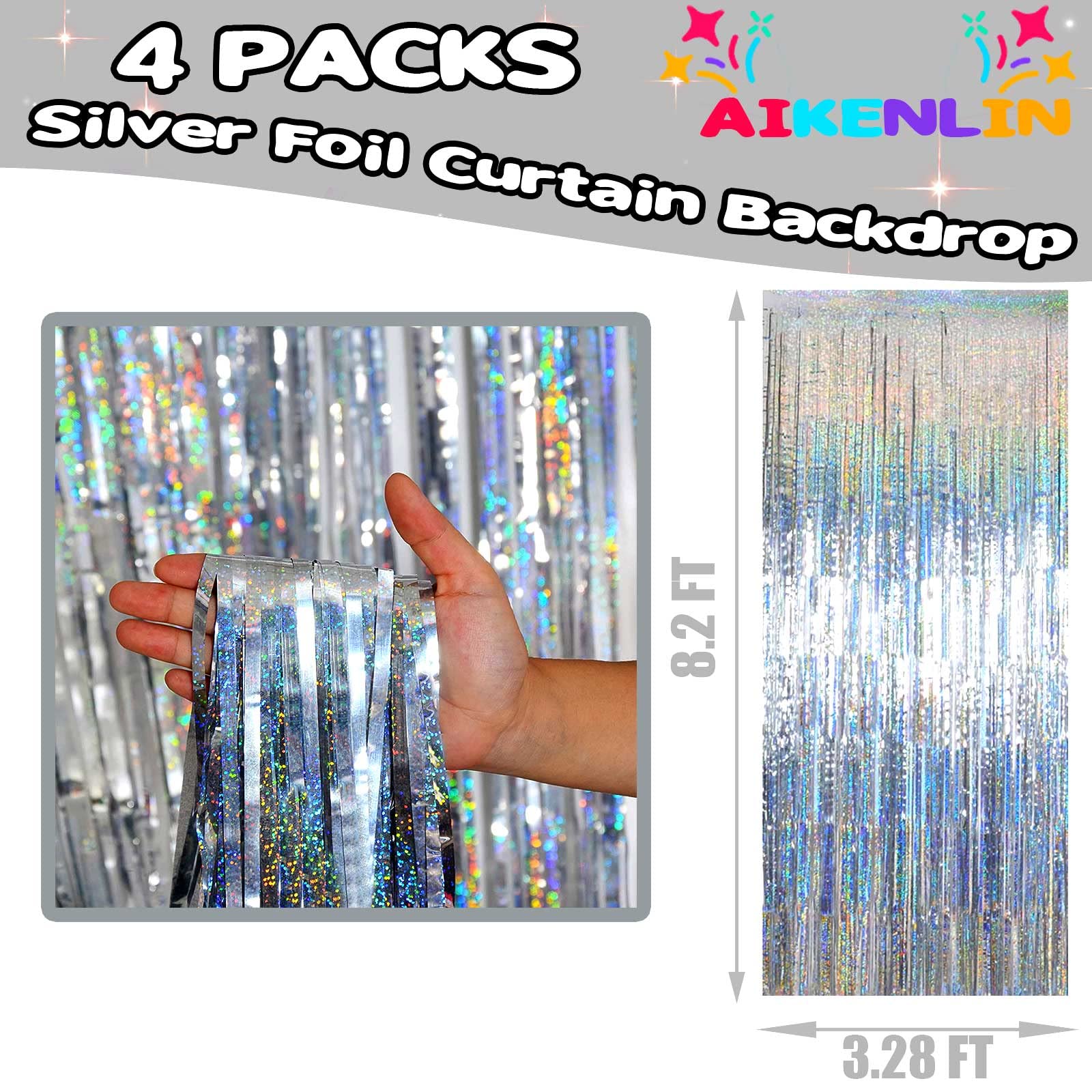 4 Pack 3.2Ft X 8.2Ft Silver Foil Fringe Curtain Backdrop, Metallic Tinsel Foil Fringe Streamers Curtains Background For Photo Bo