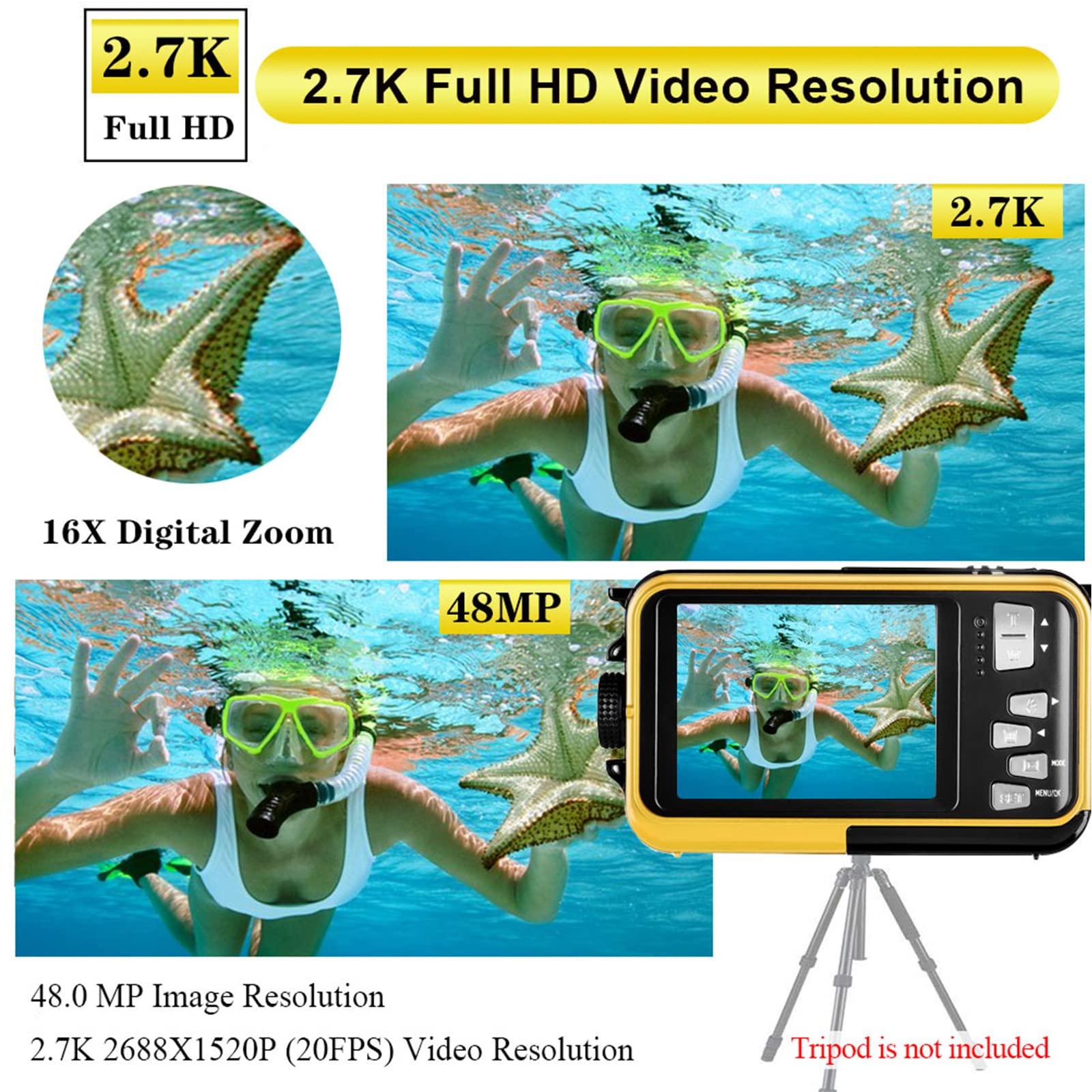 Waterproof Digital Camera Underwater Camera Full Hd 2.7K 48 Mp Video Recorder Selfie Dual Screens 16X Digital Zoom Flashlight Wa