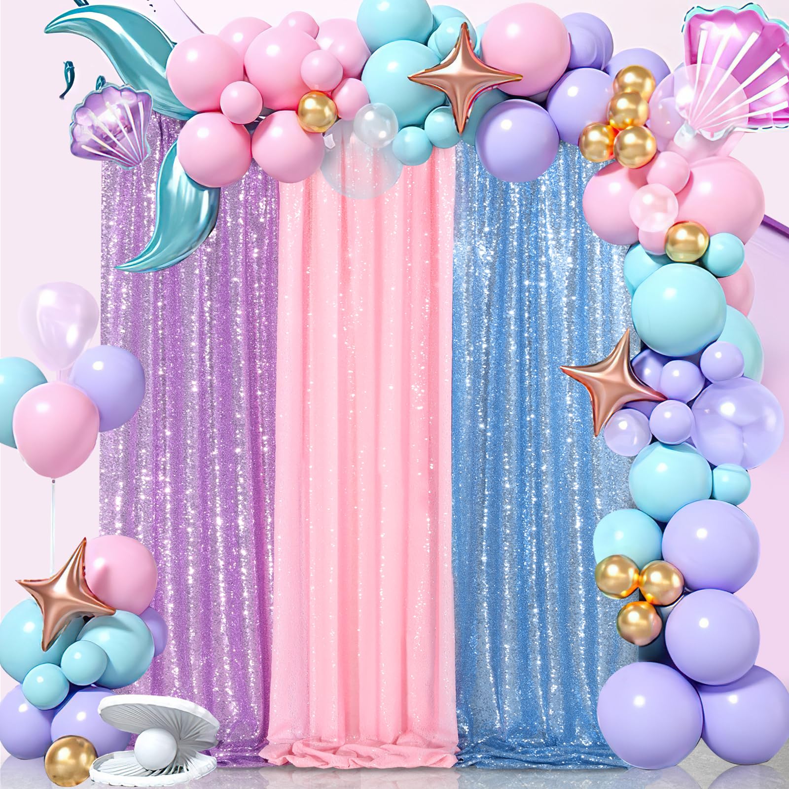 Baby Blue Christmas Backdrop Curtains 4 Pieces 2Ftx8Ft Sequin Photography Background Curtain For Party Decoration