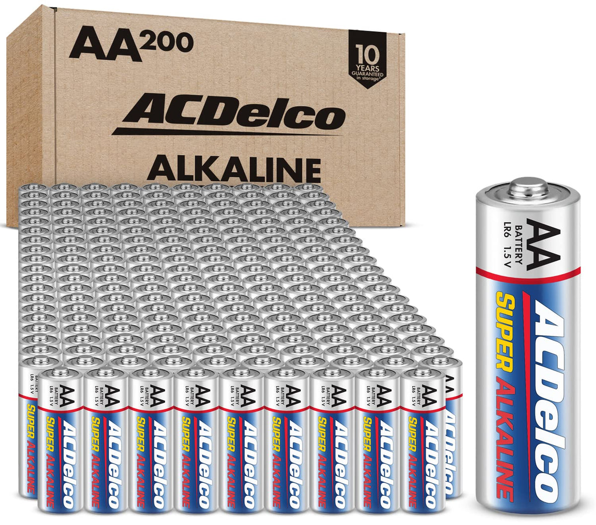 Acdelco 200-Count Aa Batteries, Super Alkaline Battery, 10-Year Shelf Life, Recloseable Packaging