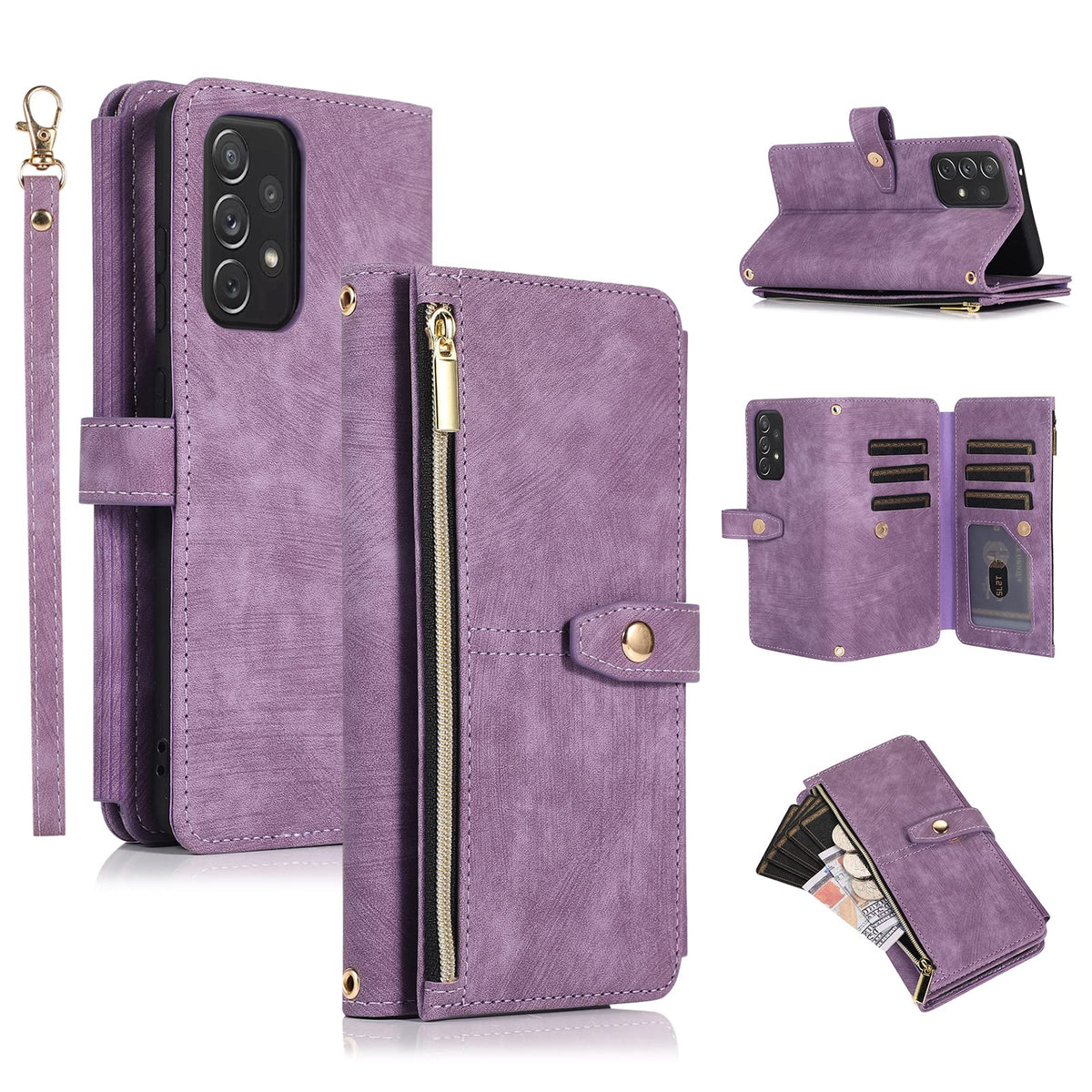 Ueebai Case For Samsung Galaxy A53 5G, 9 Card Slots Retro Leather Wallet Shockproof Flip Cover With Hand Strap Card Slots Zipper