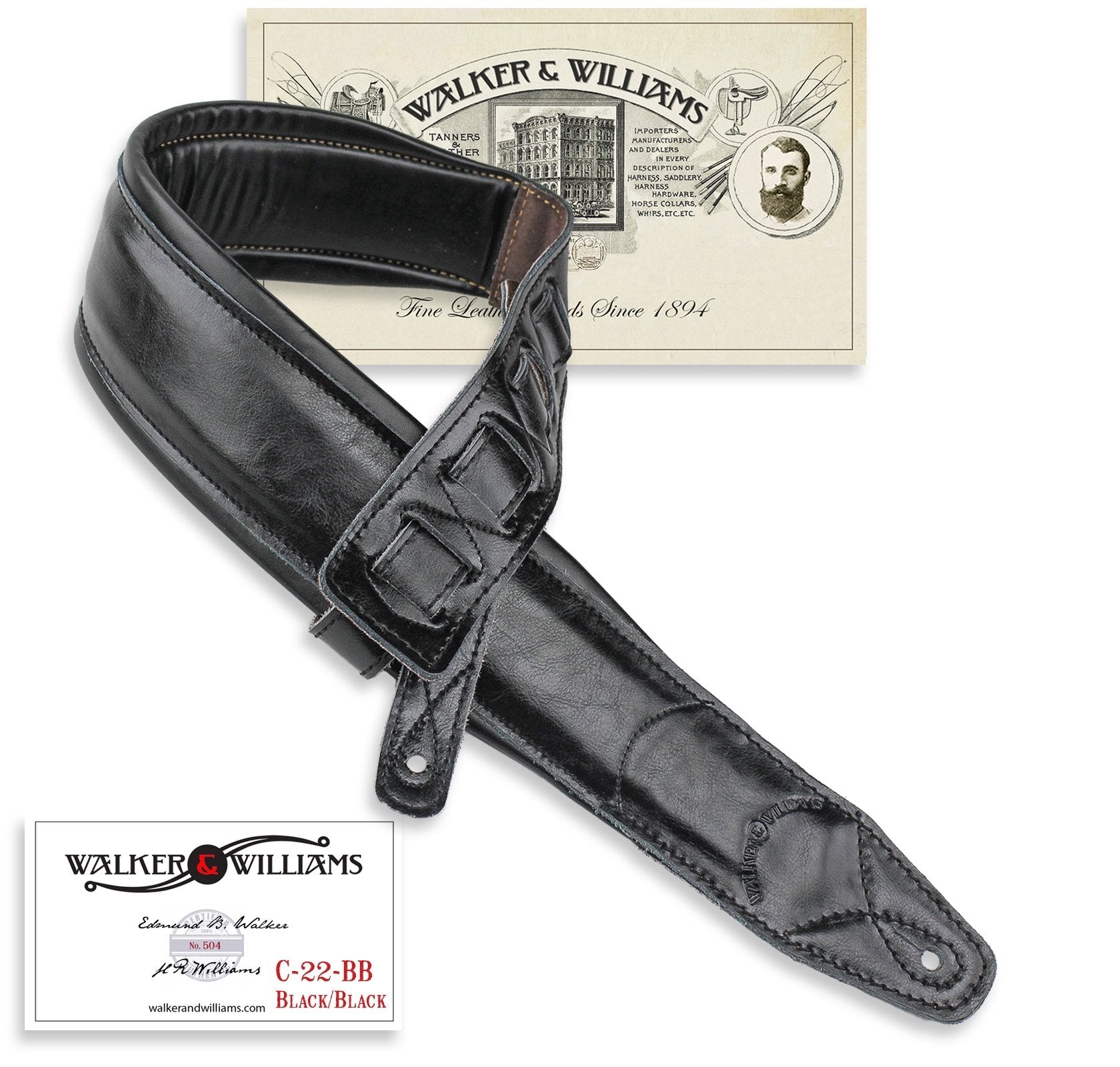 Walker & Williams C 22 Bb Black On Black Premium Top Grain Leather Double Padded Guitar Strap Extra Wide For Acoustic, Electric,