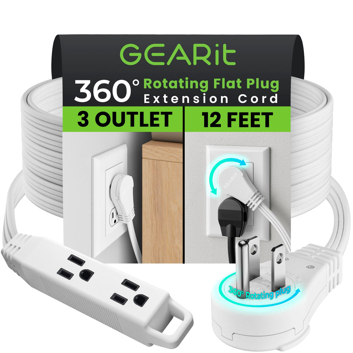 Gearit 360 Rotating Flat Plug Extension Cord (12Ft, Black) Multi 3 Outlet Extension 16 Awg Wire, Adapter For Small Spaces, Right