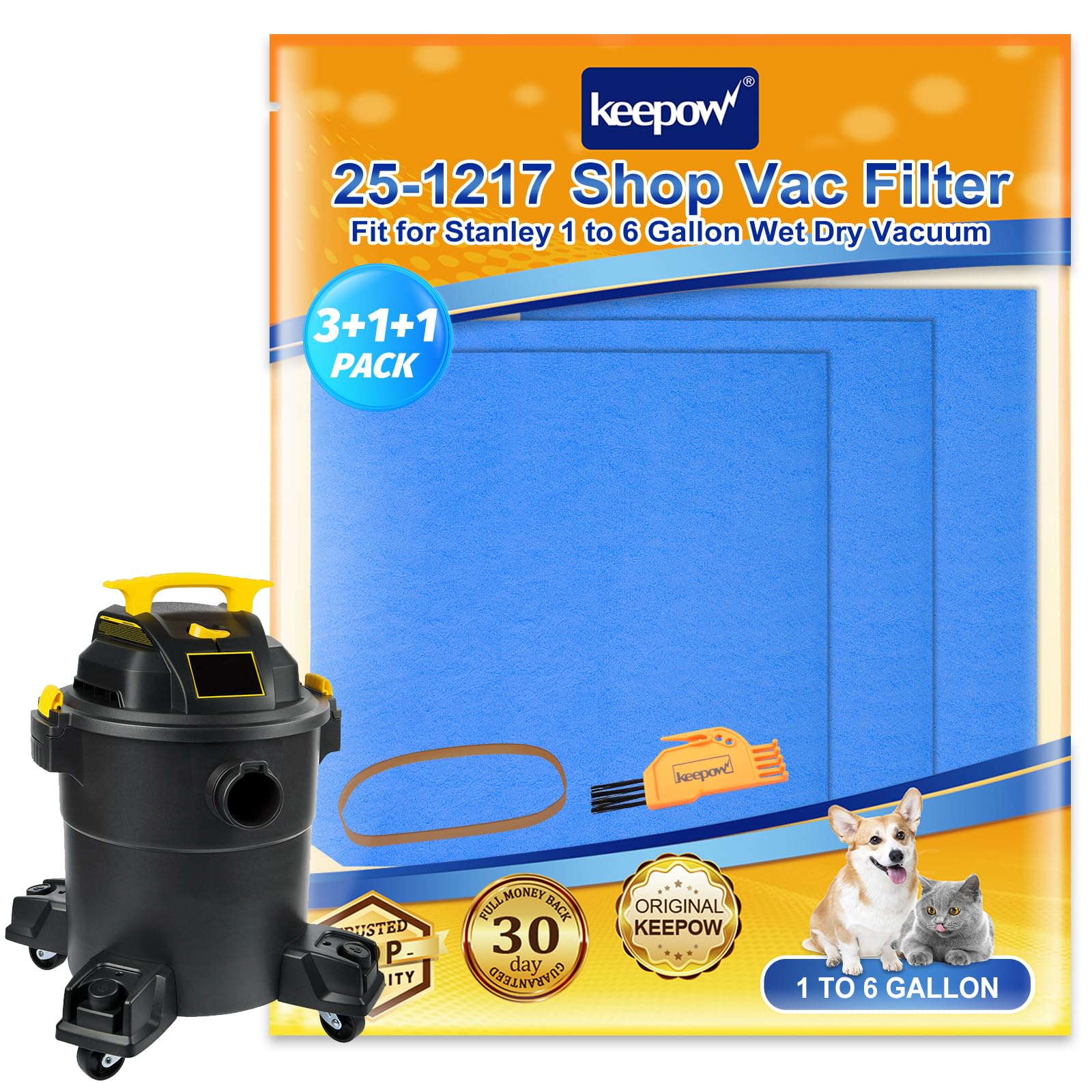 Keepow Shop Vac Filters For Stanley, Reusable Sl18129 Filters Compatible With Stanley 1 6 Gallon Wet/Dry Vacuums, Part# 25 1217