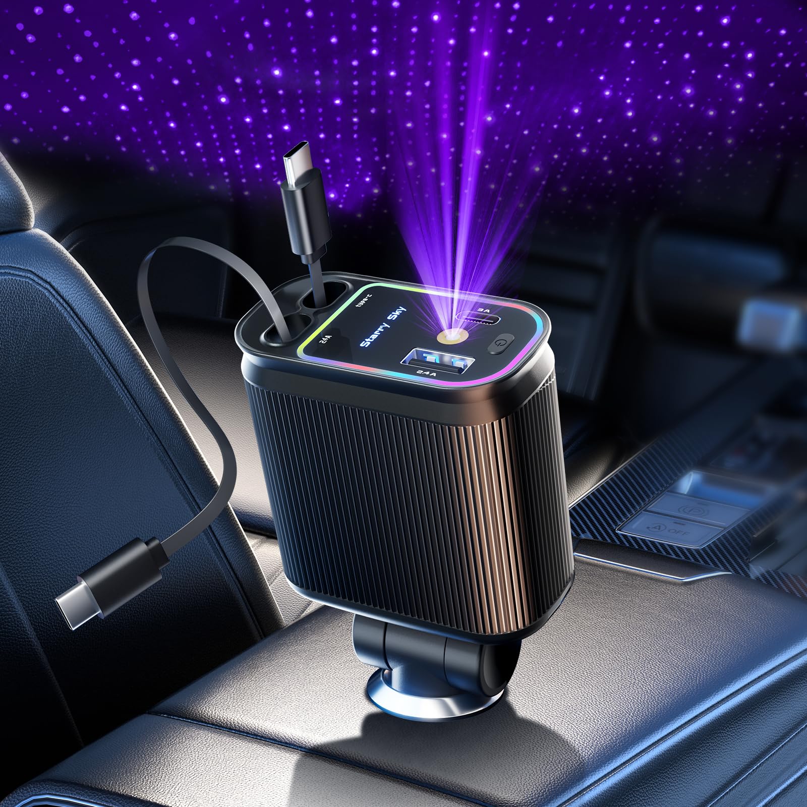 Starlight Retractable Car Charger with Dual Type C Cables, 66W Starlight in Car roof 4 in 1 Retractable Car Phone Charger Adapte