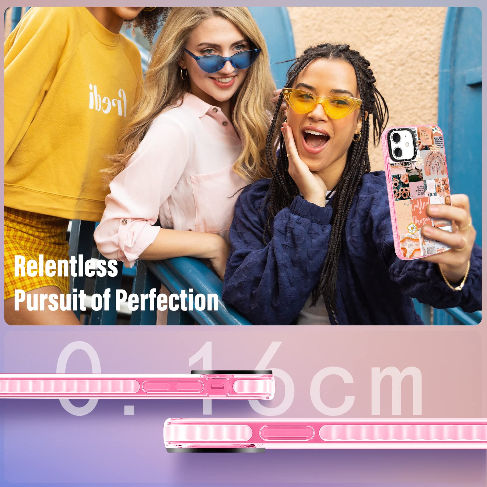 Toycamp iPhone 12/12 Pro Phone Case Vintage Collage Art Design Ring Kickstand TPU Pink Quotations 6.1 Inch