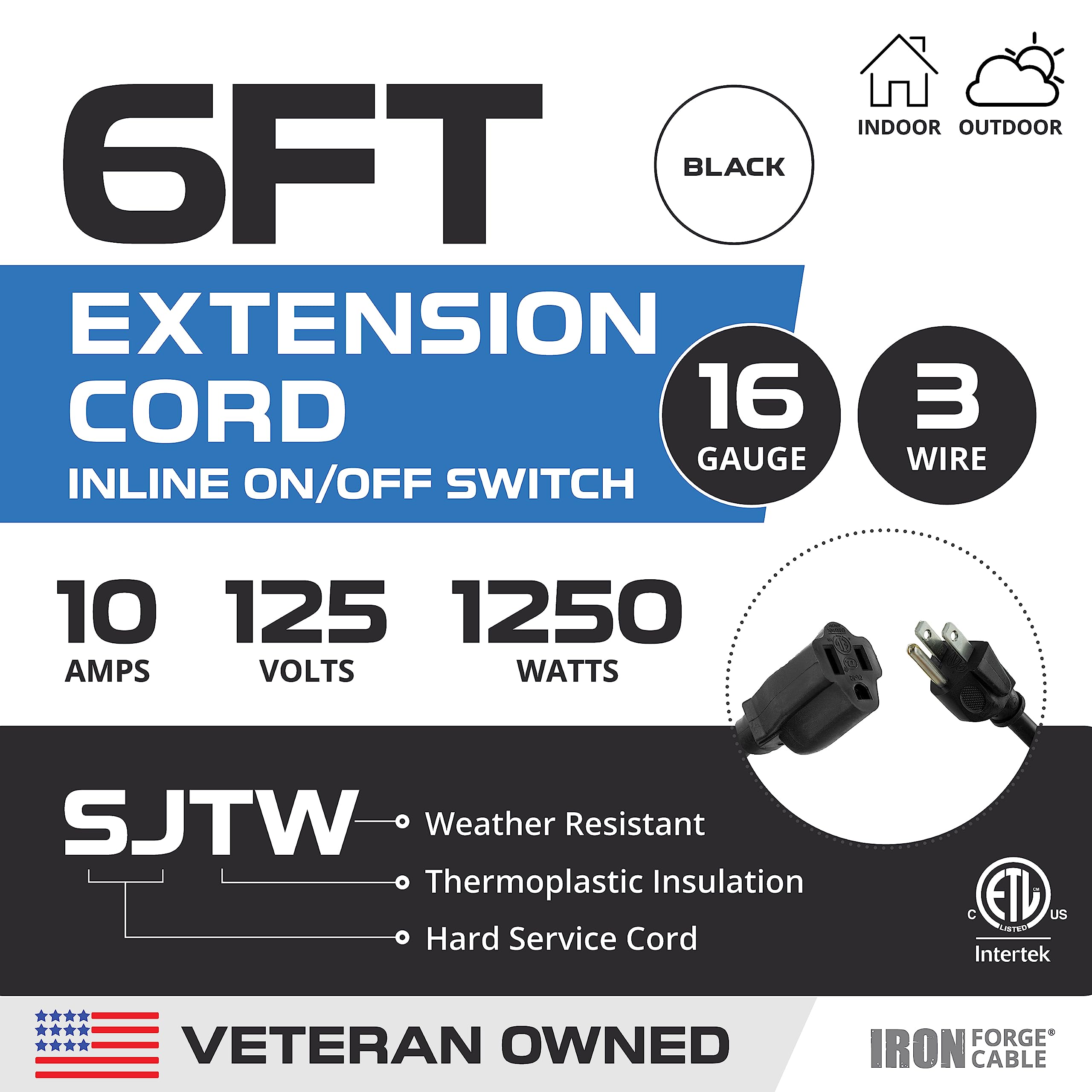 Iron Forge Cable 6 Ft Black Outdoor Extension Cord With Ip65 Waterproof Inline Switch On/Off, Sjtw 16/3 Inline Cord Switch For O