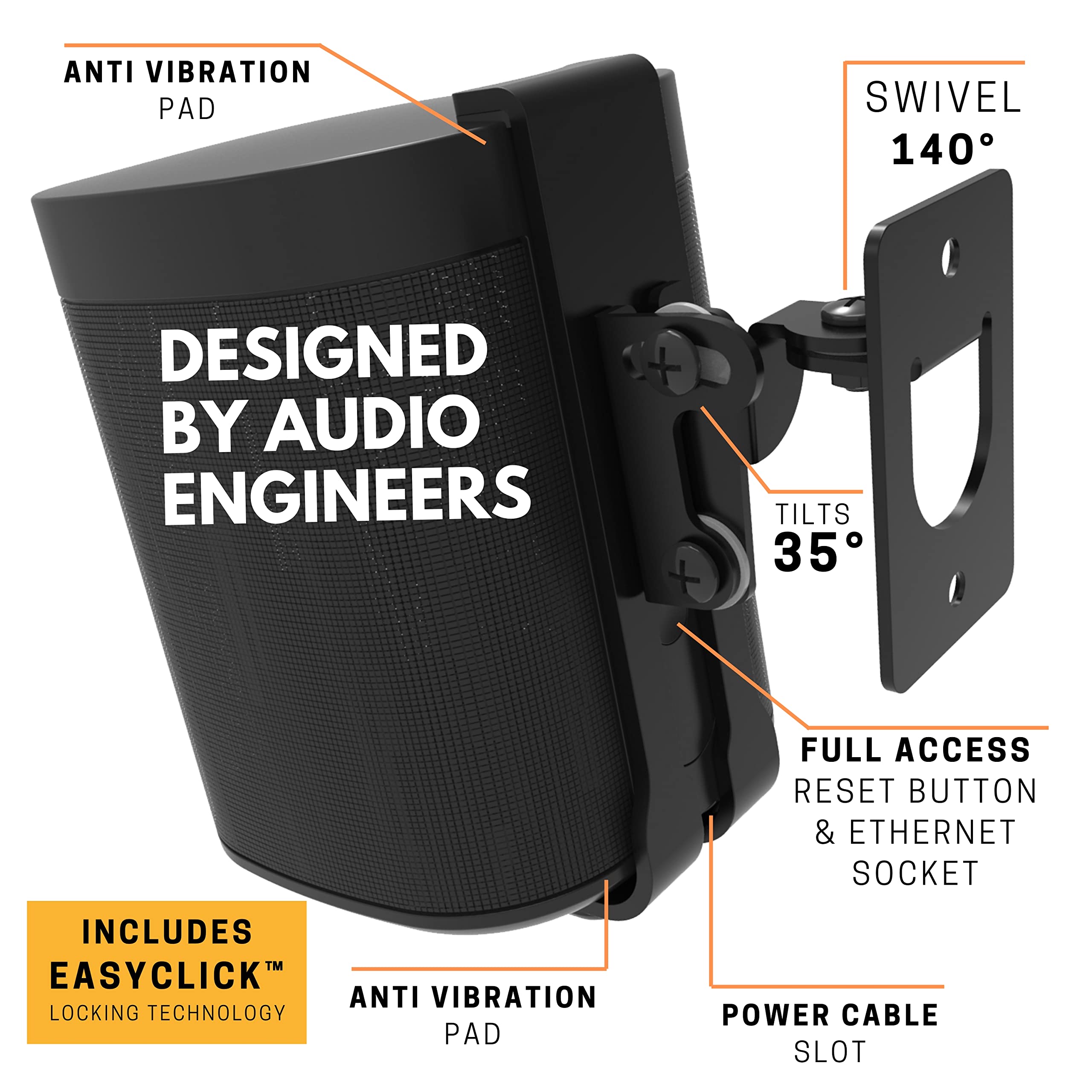 2 X One, One Gen 2, One Sl, Play:1 Wall Mount Bracket, Twin Pack, Black, Compatible With Sonos One, One Gen 2, Onesl & Play:1