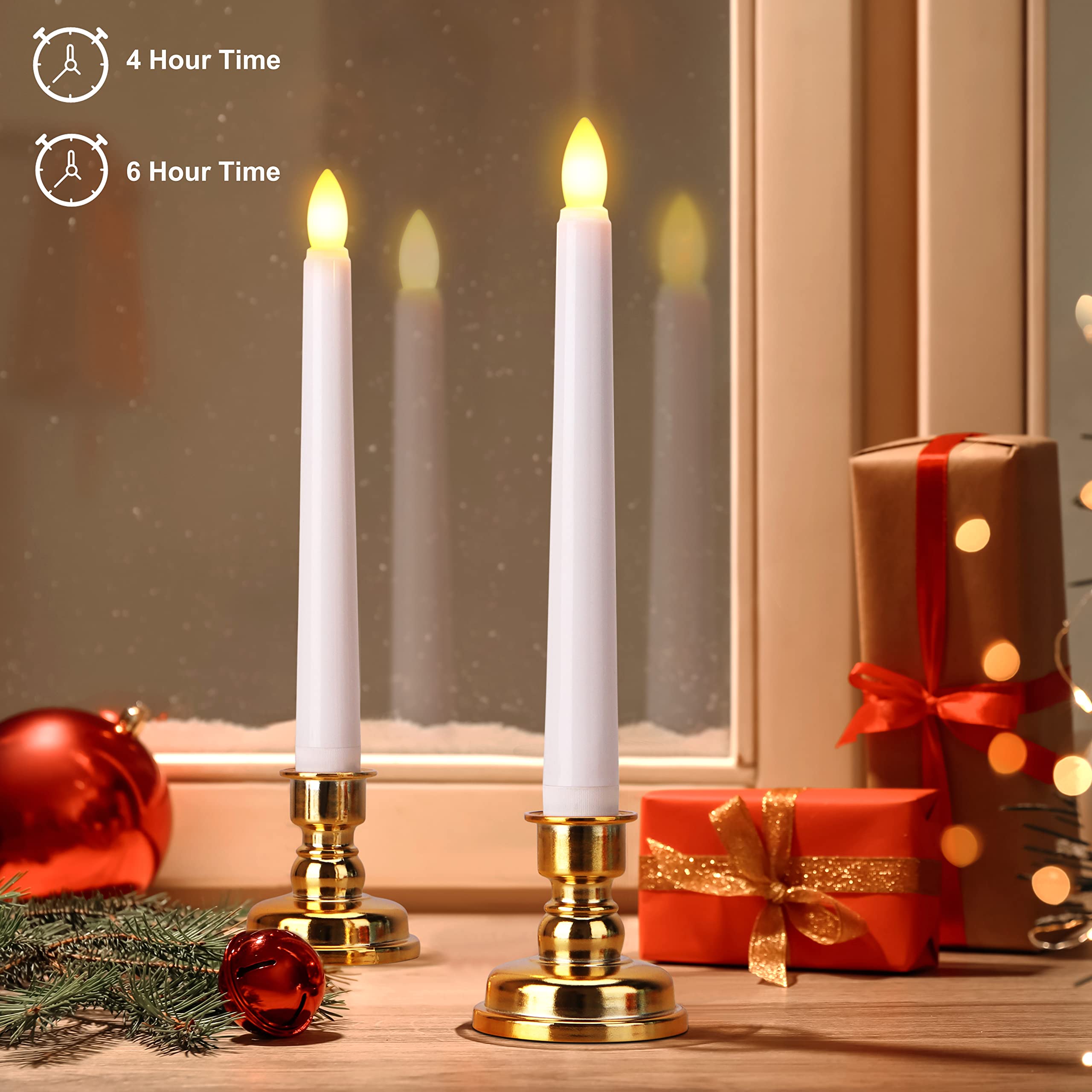 Freepower Flameless Window Candles With Gold Candle Bases, Battery Operated Taper Candle With 4H/6H Daily Timer, Remote Window C