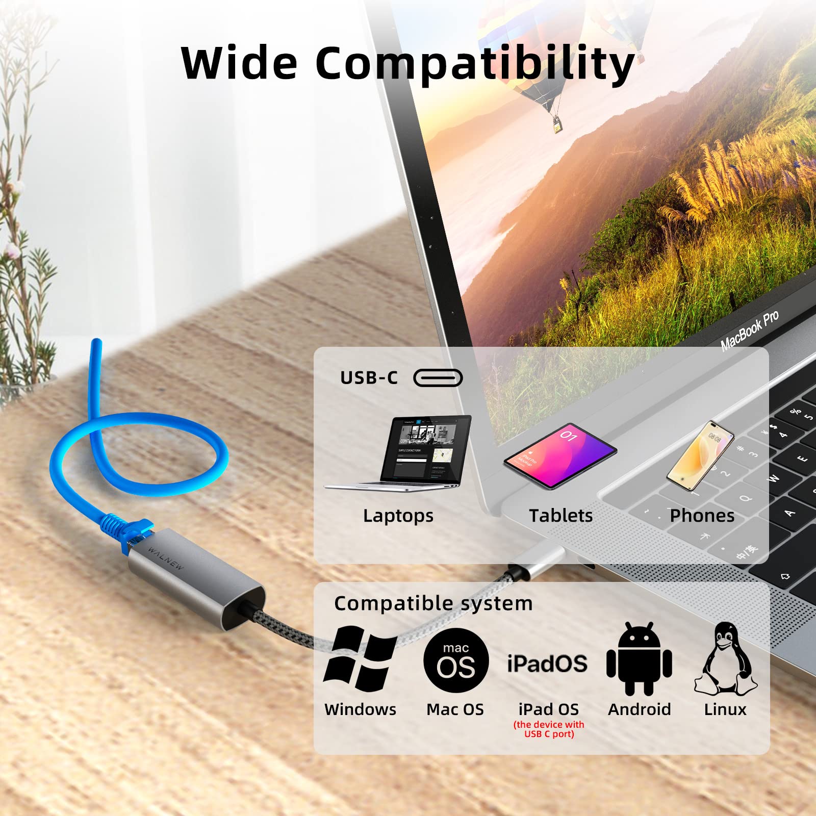 Usb C To Ethernet Adapter 2 Packs, Walnew Usbc To Rj45 Lan Adapter, Gigabit Cat Network Cable Converter To Type C Thunderbolt 3