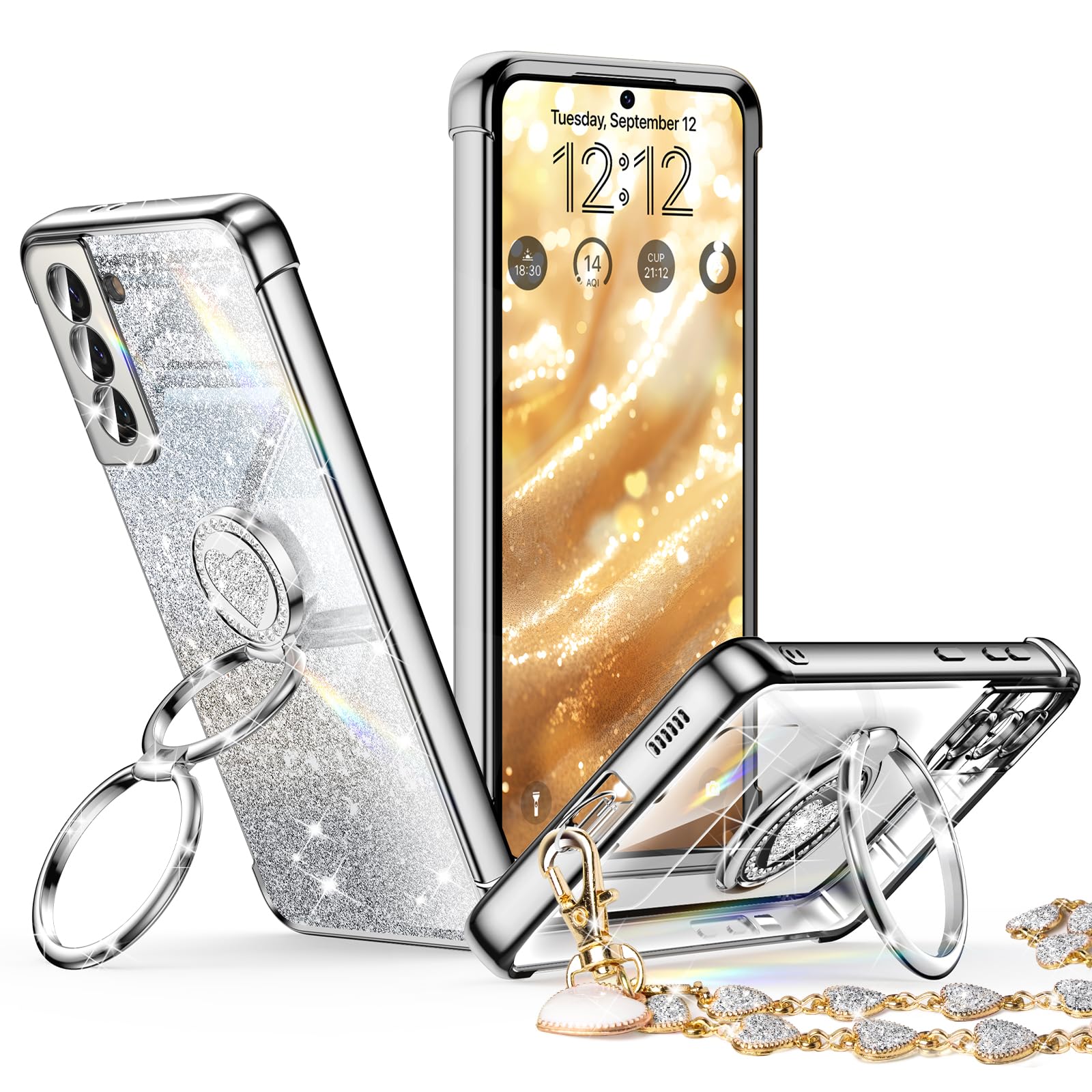 Xyz For Samsung Galaxy S21 Plus Case With Stand, Galaxy S21 Plus Case With Double Ring, Women Girls Bling Luxury Glitter Clear P